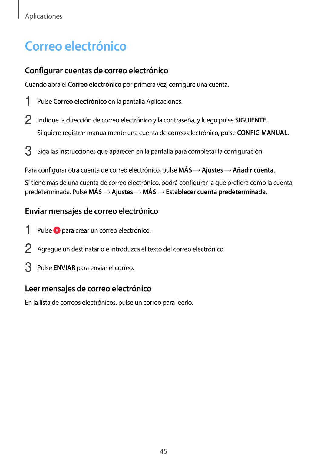 Samsung SM-J500FZKDTPH Correo electrónico, Configurar cuentas de correo electrónico, Enviar mensajes de correo electrónico 