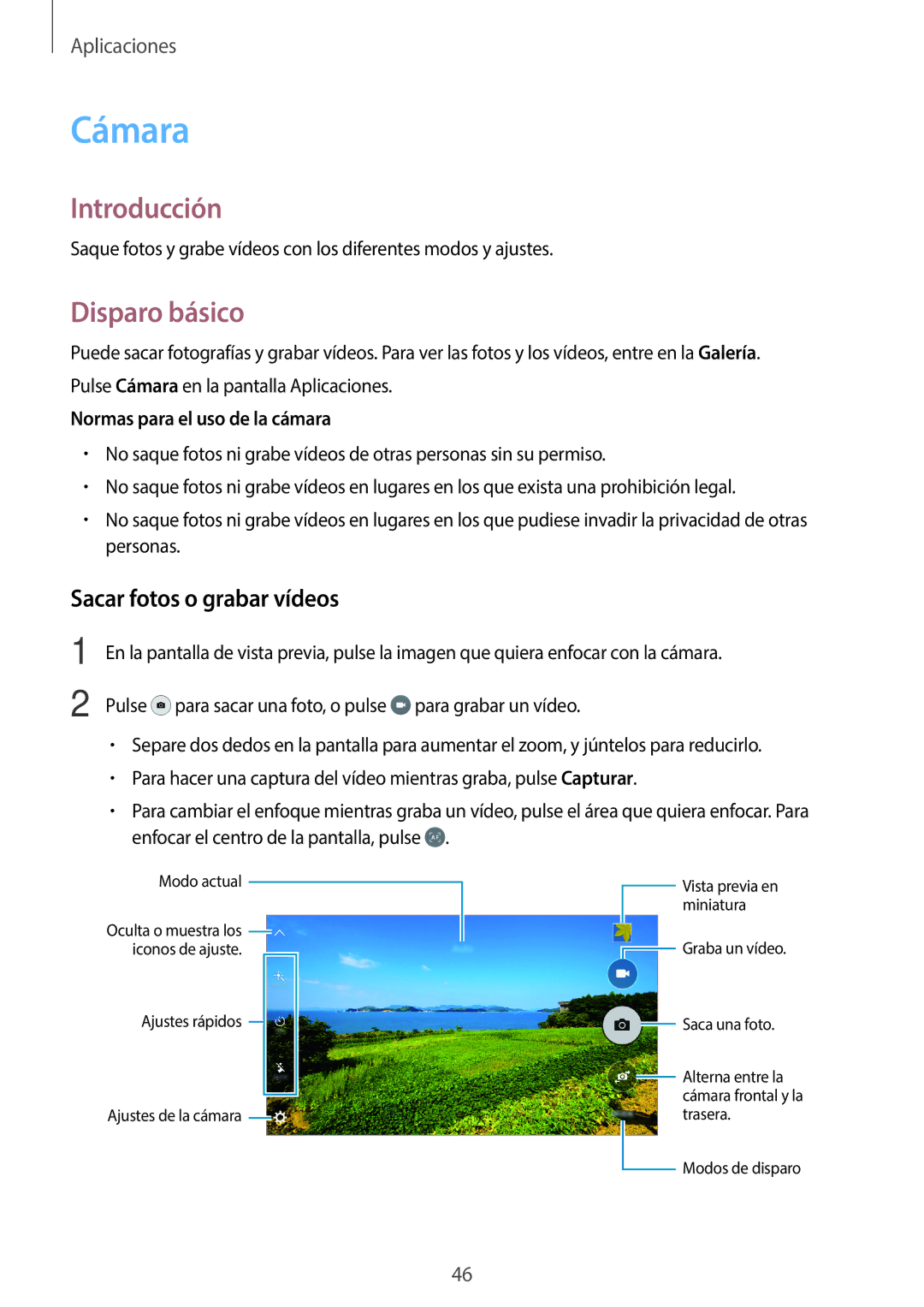 Samsung SM-J500FZDDTPH manual Cámara, Disparo básico, Sacar fotos o grabar vídeos, Normas para el uso de la cámara 