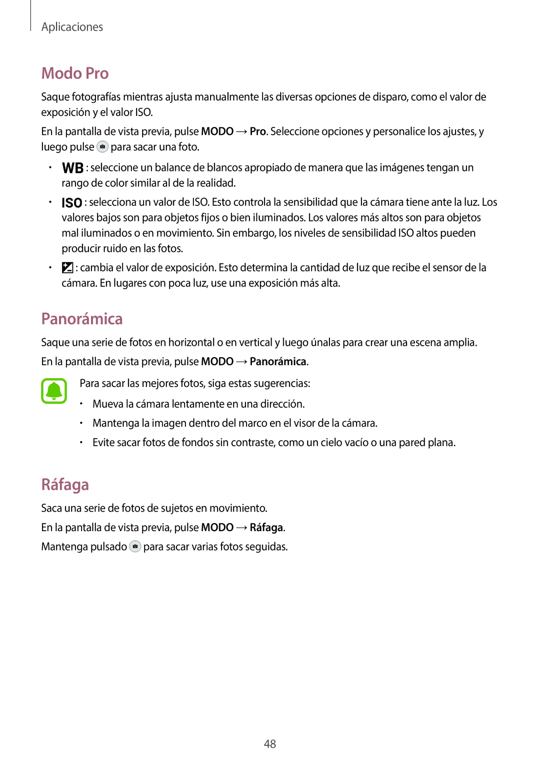 Samsung SM-J500FZWAPHE, SM-J500FZWDTPH, SM-J500FZKDTPH, SM-J500FZDDTPH, SM-J500FZKDMWD manual Modo Pro, Panorámica, Ráfaga 