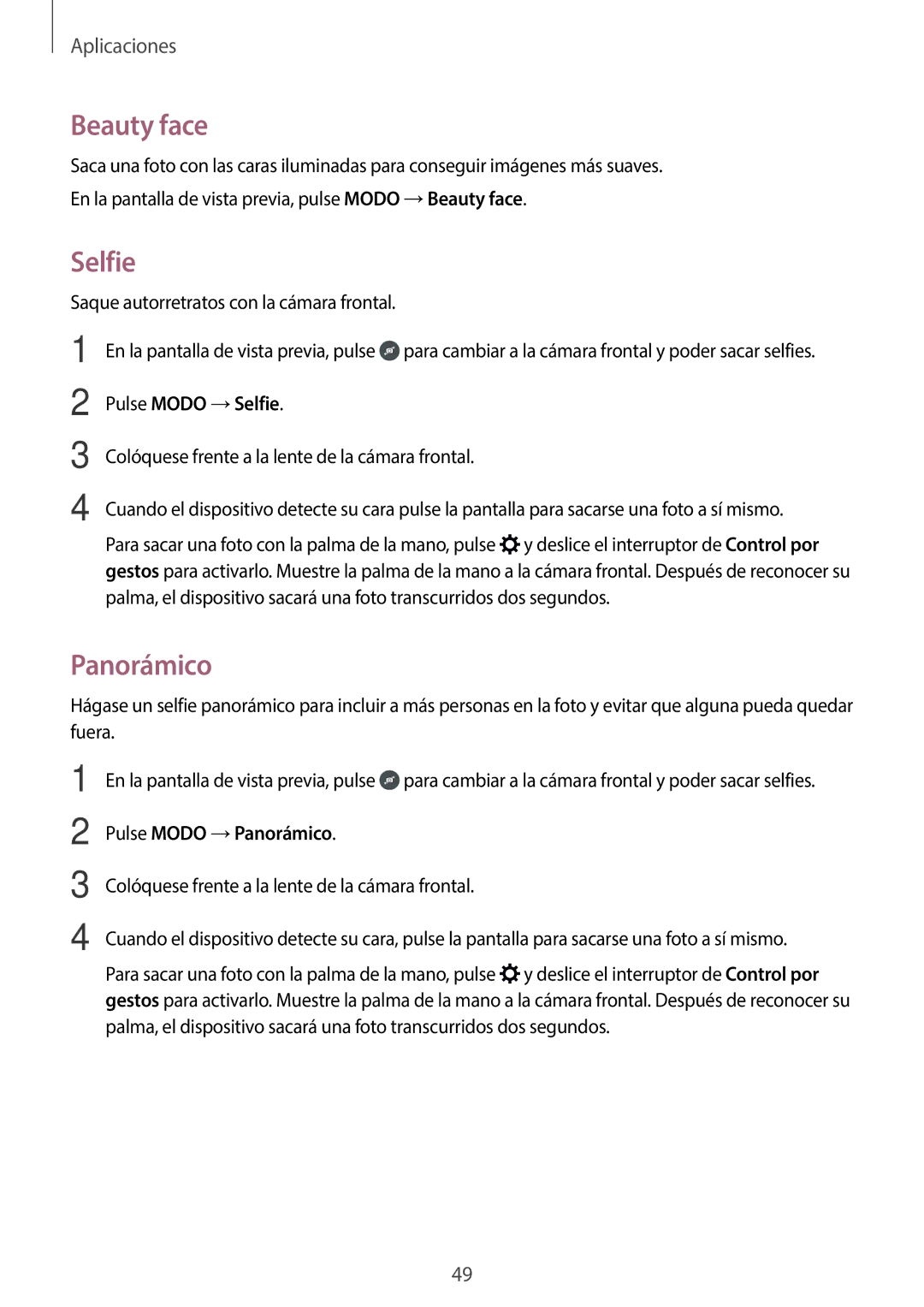 Samsung SM-J500FZDAPHE, SM-J500FZWDTPH, SM-J500FZKDTPH manual Beauty face, Pulse Modo →Selfie, Pulse Modo →Panorámico 