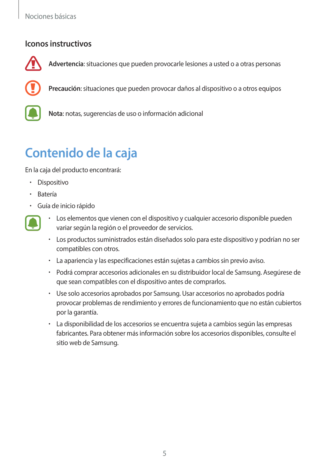 Samsung SM-J500FZDAPHE, SM-J500FZWDTPH, SM-J500FZKDTPH, SM-J500FZDDTPH manual Contenido de la caja, Iconos instructivos 