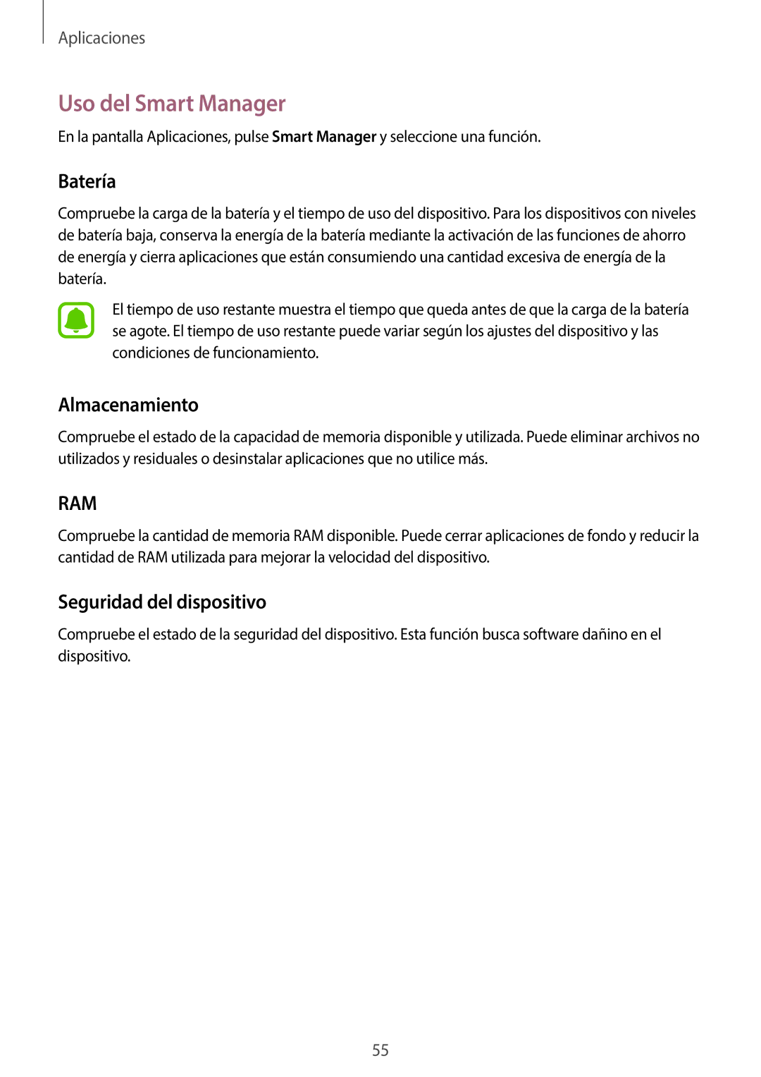 Samsung SM-J500FZWDTPH, SM-J500FZKDTPH manual Uso del Smart Manager, Batería, Almacenamiento, Seguridad del dispositivo 