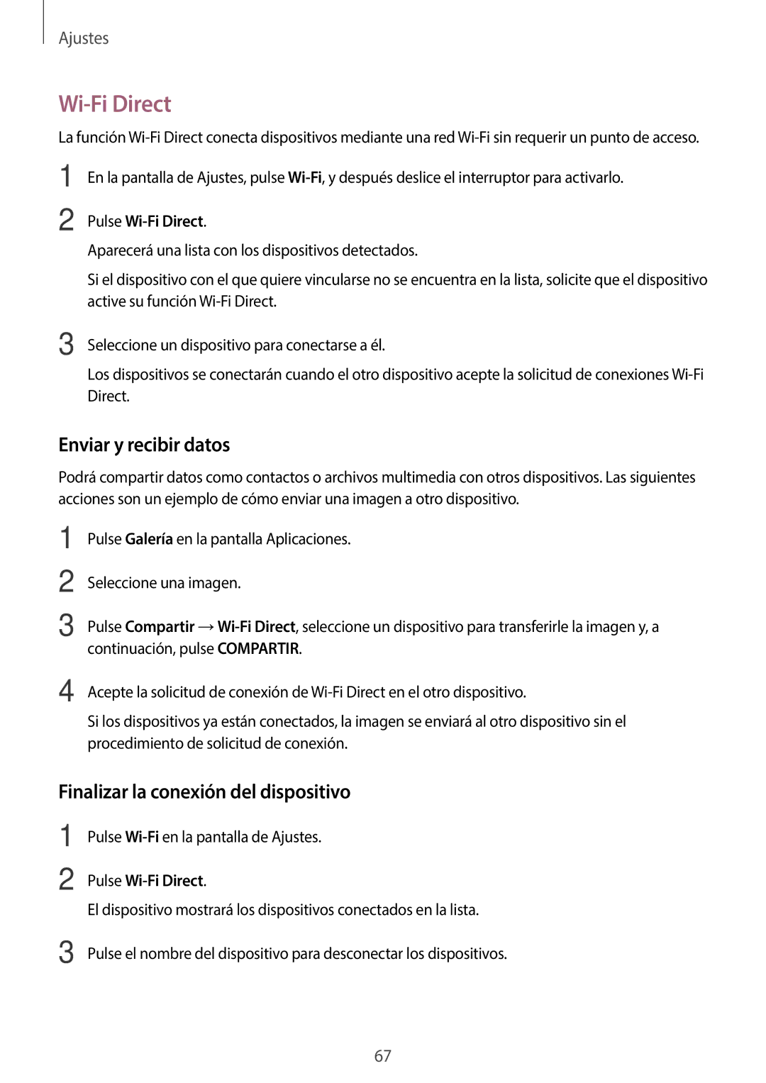 Samsung SM-J500FZKDTPH manual Enviar y recibir datos, Finalizar la conexión del dispositivo, Pulse Wi-Fi Direct 