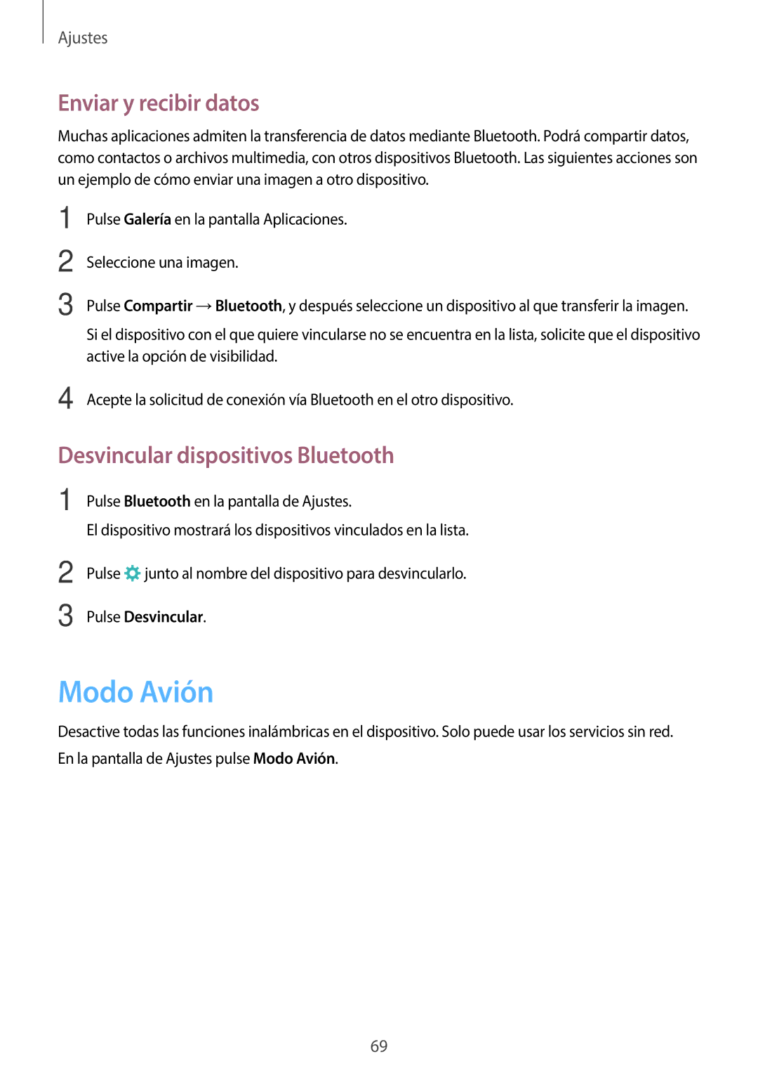 Samsung SM-J500FZKDMWD manual Modo Avión, Enviar y recibir datos, Desvincular dispositivos Bluetooth, Pulse Desvincular 