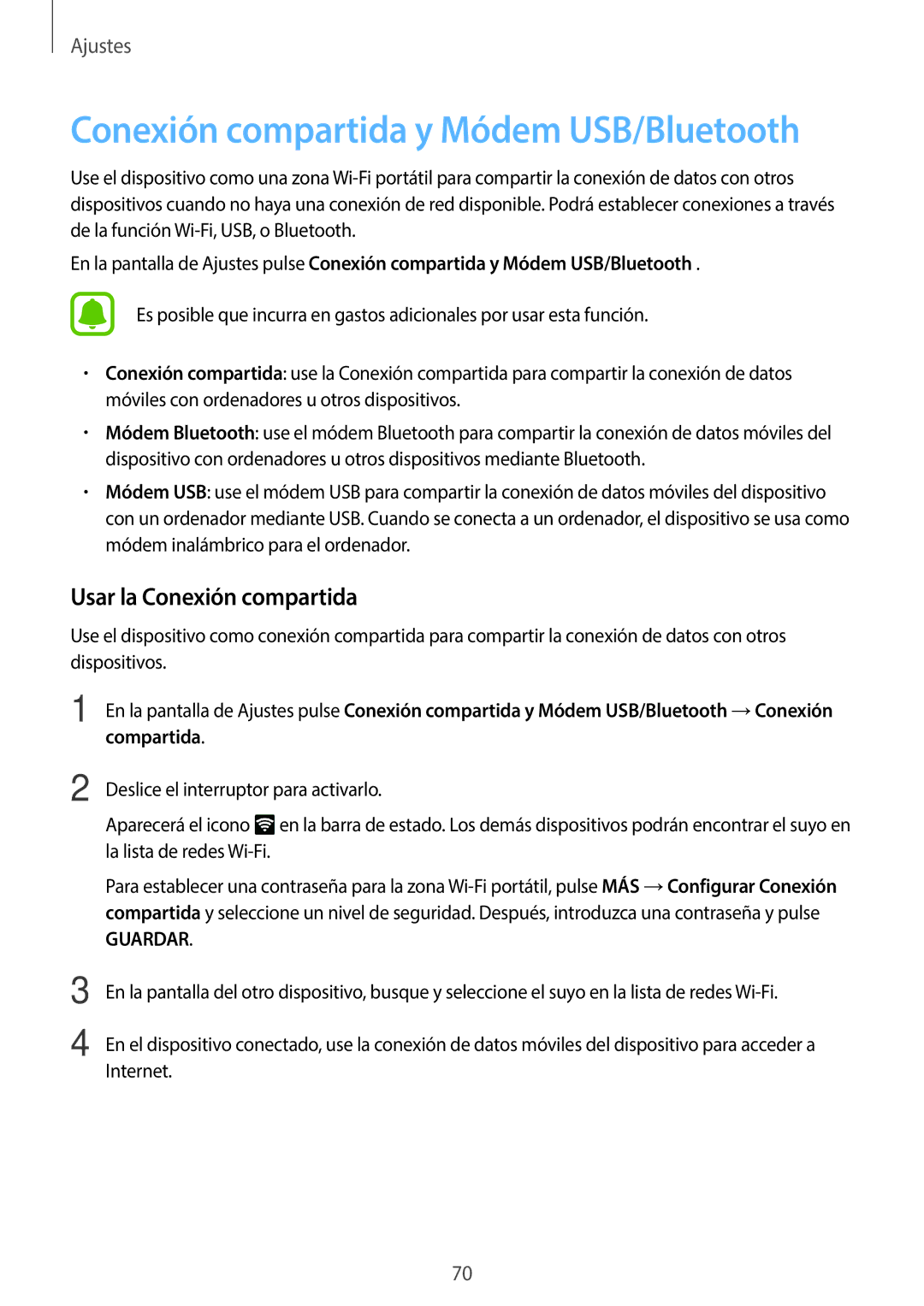 Samsung SM-J500FZWAPHE, SM-J500FZWDTPH manual Conexión compartida y Módem USB/Bluetooth, Usar la Conexión compartida 