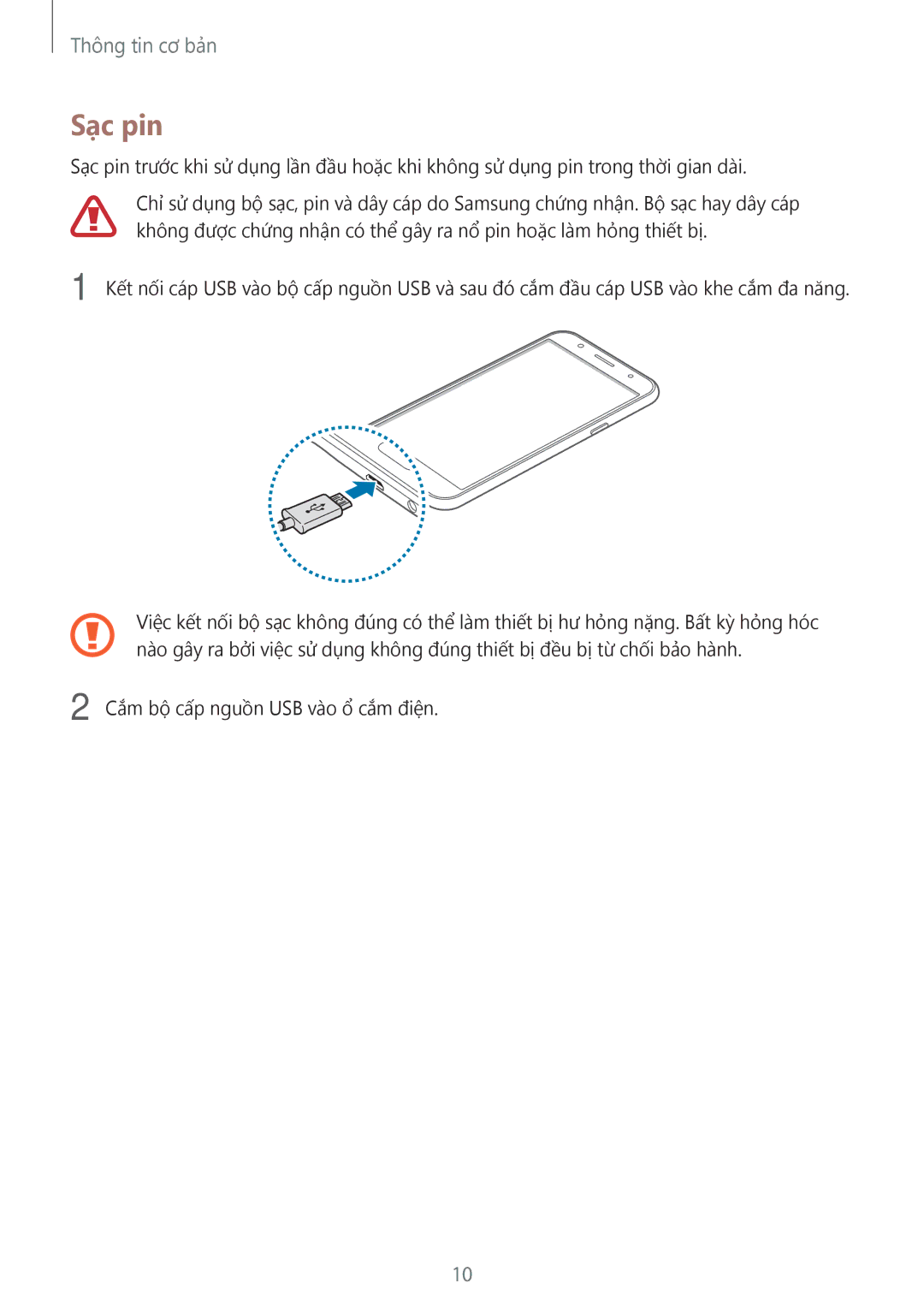 Samsung SM-J500HZDDXXV, SM-J500HZKDXXV, SM-J500HZWDXXV manual Sạc pin 