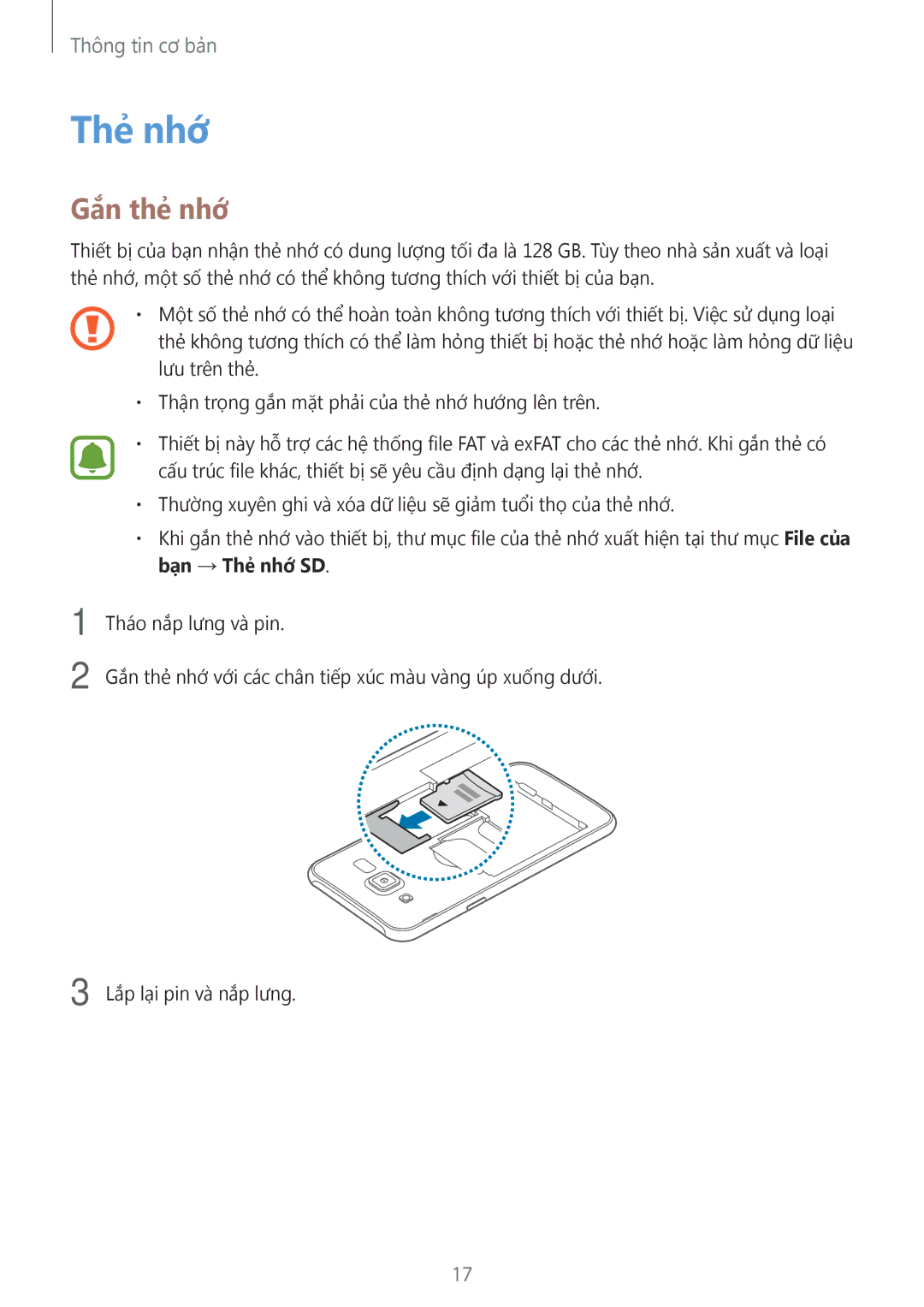 Samsung SM-J500HZWDXXV, SM-J500HZKDXXV, SM-J500HZDDXXV manual Thẻ nhớ, Gắn thẻ nhớ 