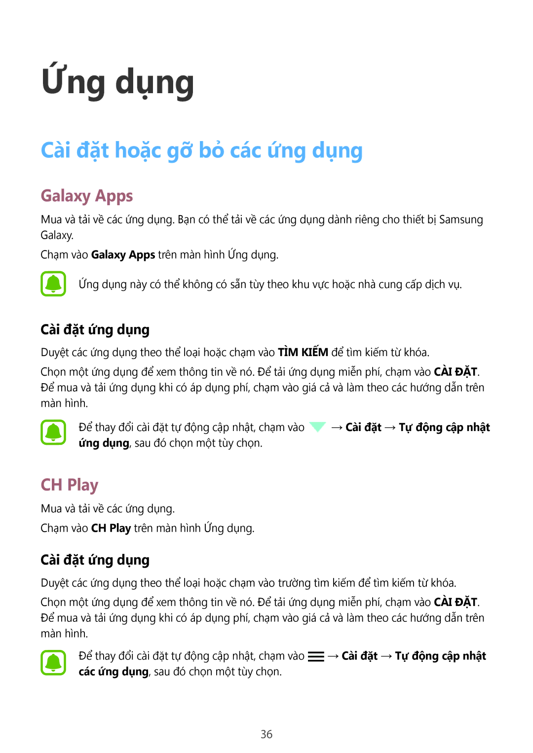 Samsung SM-J500HZKDXXV, SM-J500HZDDXXV manual Cài đặt hoặc gỡ bỏ các ứng dụng, Galaxy Apps, CH Play, Cài đặt ứng dụng 