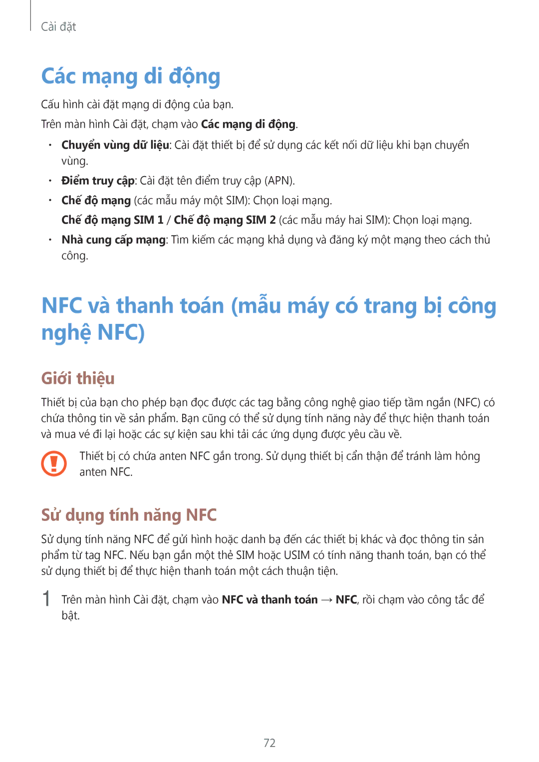 Samsung SM-J500HZKDXXV manual Các mạng di động, NFC và thanh toán mẫu máy có trang bị công nghệ NFC, Sử dụng tính năng NFC 