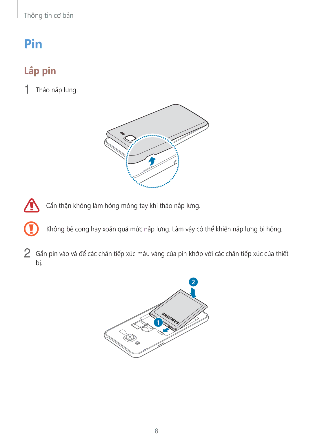 Samsung SM-J500HZWDXXV, SM-J500HZKDXXV, SM-J500HZDDXXV manual Pin, Lắp pin 