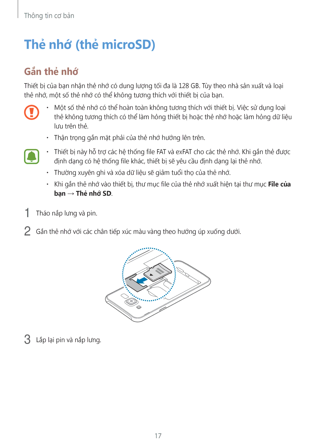 Samsung SM-J700HZKDXXV, SM-J500HZKDXXV, SM-J700HZWDXXV, SM-J500HZDDXXV, SM-J500HZWDXXV manual Thẻ nhớ thẻ microSD, Gắn thẻ nhớ 