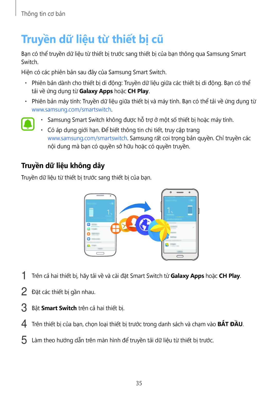 Samsung SM-J700HZKDXXV, SM-J500HZKDXXV, SM-J700HZWDXXV manual Truyền dữ liệu từ thiết bị cũ, Truyền dữ liệu không dây 