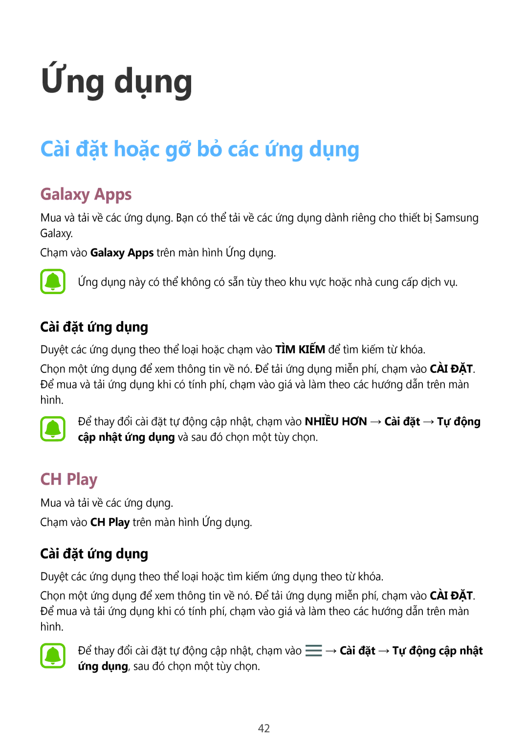 Samsung SM-J500HZKDXXV, SM-J700HZWDXXV manual Cài đặt hoặc gỡ bỏ các ứng dụng, Galaxy Apps, CH Play, Cài đặt ứng dụng 