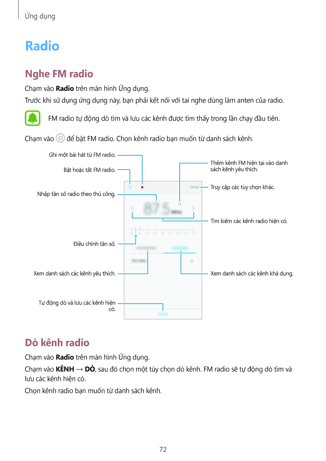 Samsung SM-J500HZKDXXV, SM-J700HZWDXXV, SM-J500HZDDXXV, SM-J500HZWDXXV, SM-J700HZDDXXV Radio, Nghe FM radio, Dò kênh radio 