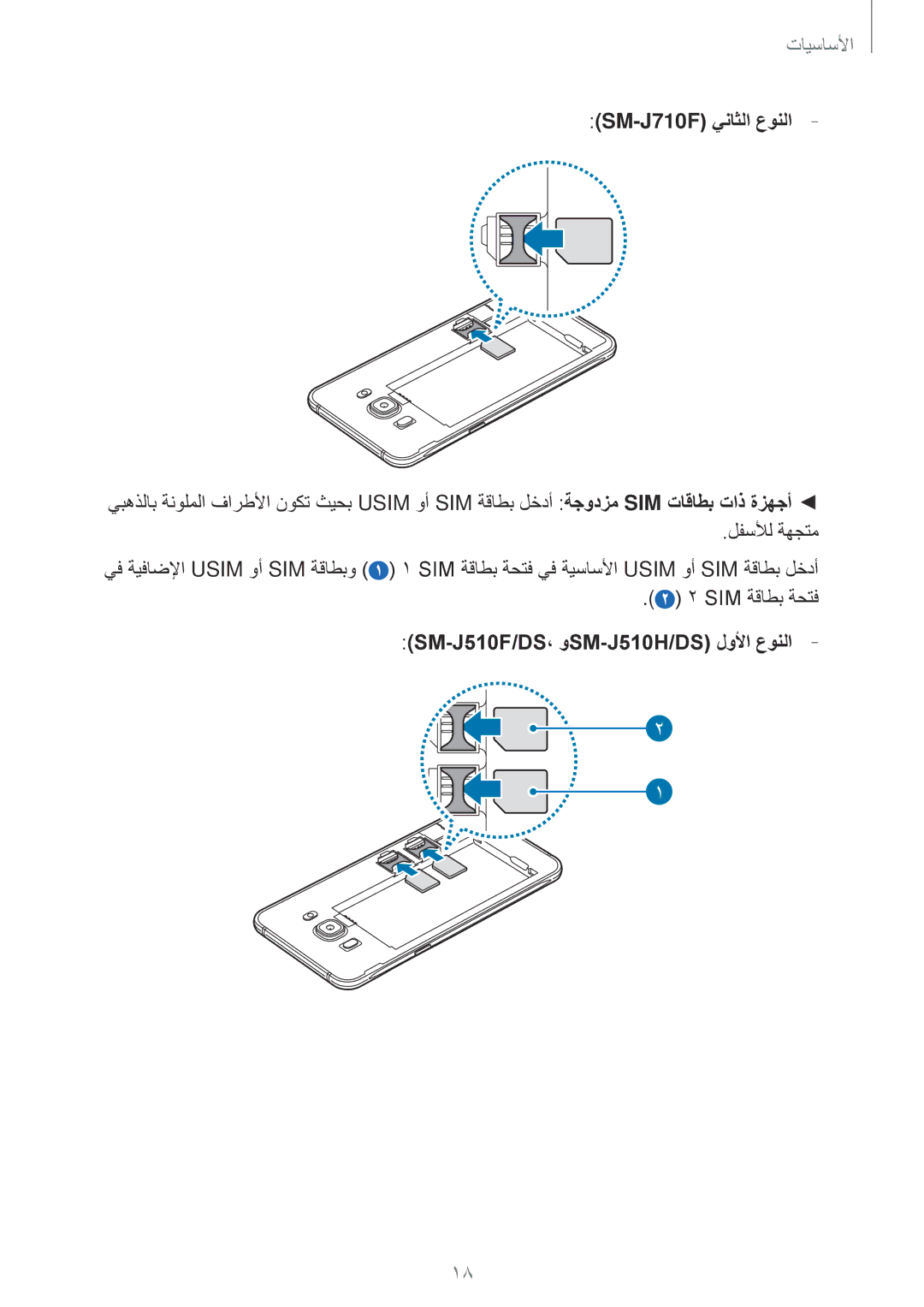 Samsung SM-J510FZDDKSA, SM-J710FZKDKSA SM-J710F يناثلا عونلا, ‏2 ‏‎SIM ‎ةقاطب ةحتف, SM-J510F/DS، وSM-J510H/DS لولأا عونلا 