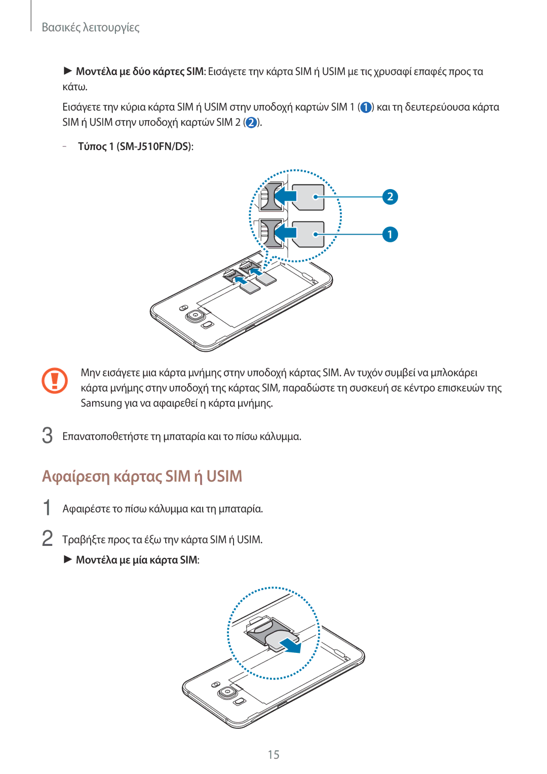 Samsung SM-J510FZKUEUR, SM-J510FZDNEUR manual Αφαίρεση κάρτας SIM ή Usim, Τύπος 1 SM-J510FN/DS, Μοντέλα με μία κάρτα SIM 