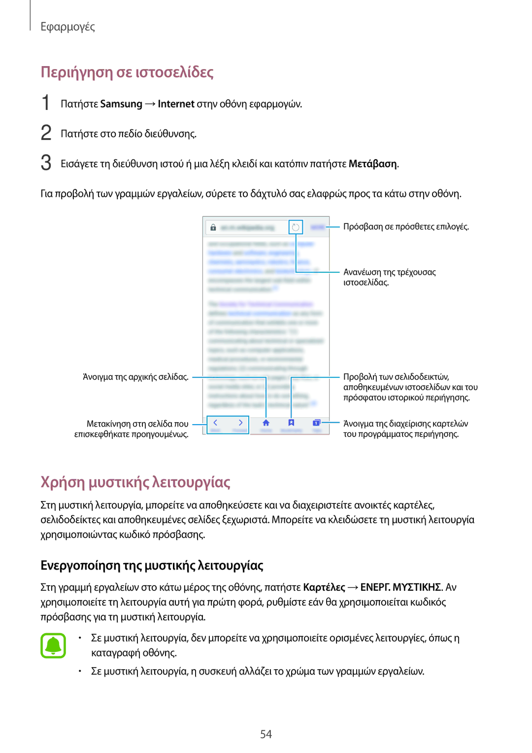 Samsung SM-J510FZWUEUR manual Περιήγηση σε ιστοσελίδες, Χρήση μυστικής λειτουργίας, Ενεργοποίηση της μυστικής λειτουργίας 