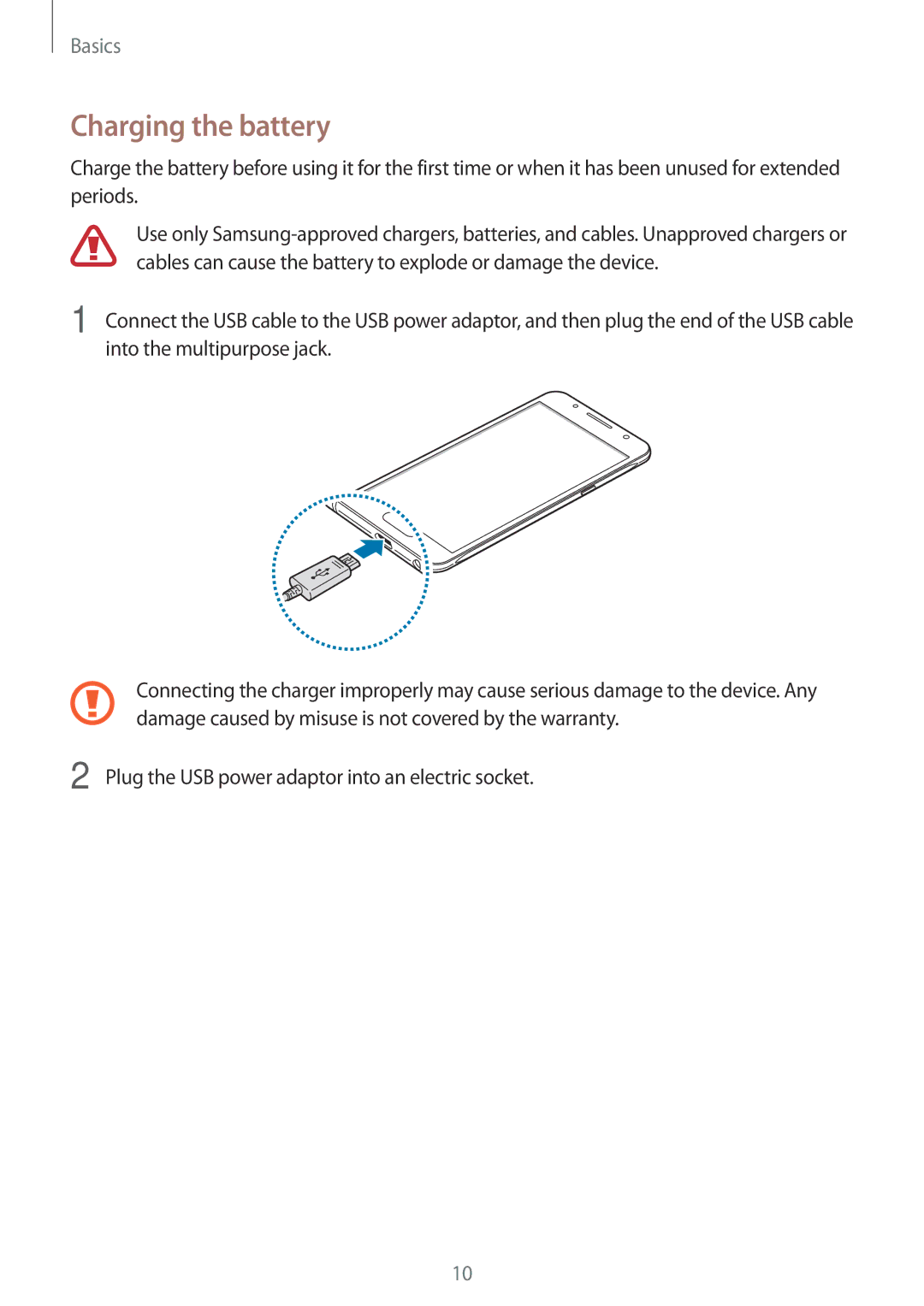 Samsung SM-J510FZKNATO, SM-J510FZKNOPT, SM-J510FZDNMEO, SM-J510FZDNATO, SM-J510FZDNEUR, SM-J510FZDNVGR Charging the battery 