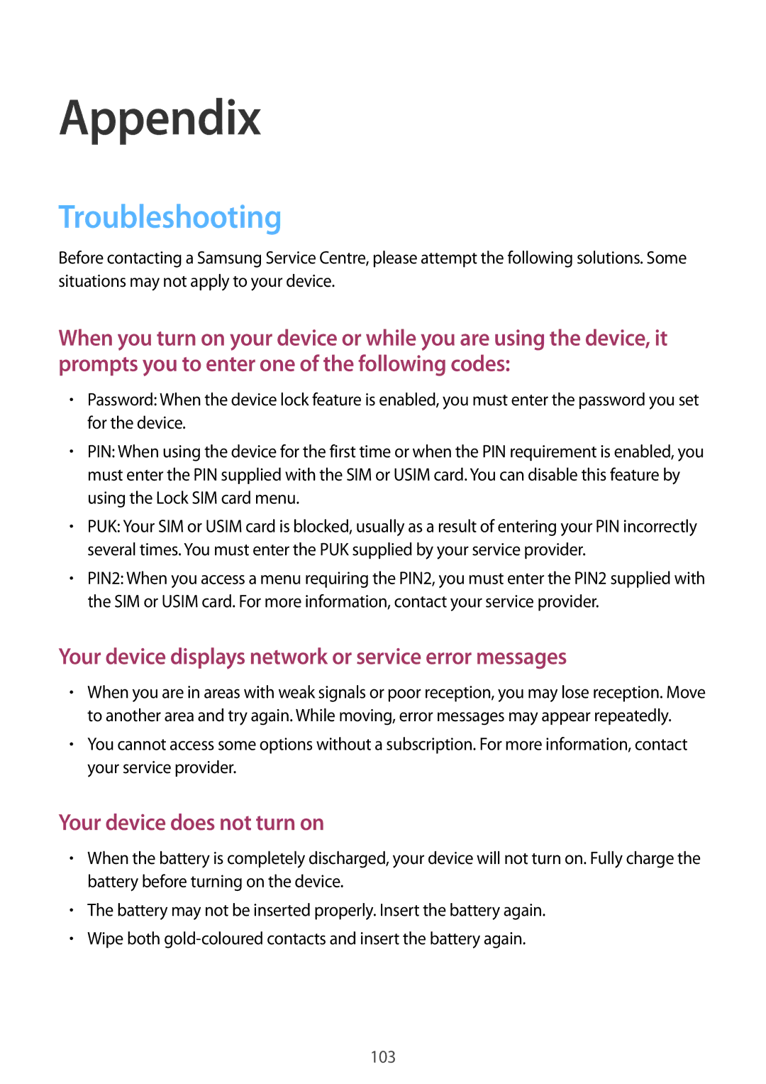 Samsung SM-J510FZWNATO, SM-J510FZKNOPT, SM-J510FZDNMEO, SM-J510FZDNATO, SM-J510FZDNEUR manual Appendix, Troubleshooting 