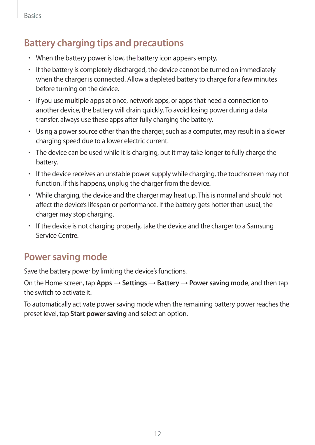 Samsung SM-J510FZWUDBT, SM-J510FZKNOPT, SM-J510FZDNMEO manual Battery charging tips and precautions, Power saving mode 