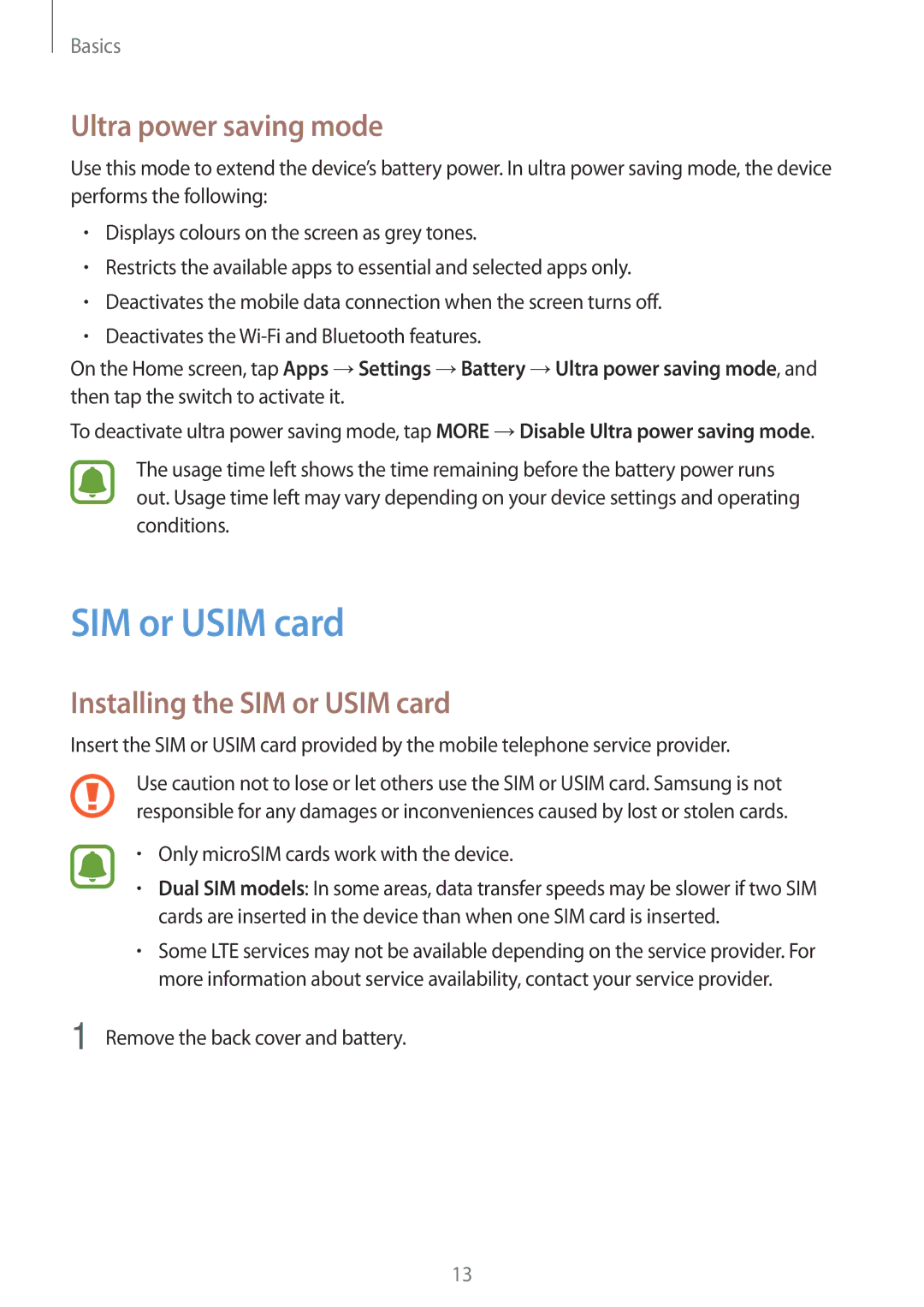 Samsung SM-J510FZKUDBT, SM-J510FZKNOPT, SM-J510FZDNMEO manual Ultra power saving mode, Installing the SIM or Usim card 