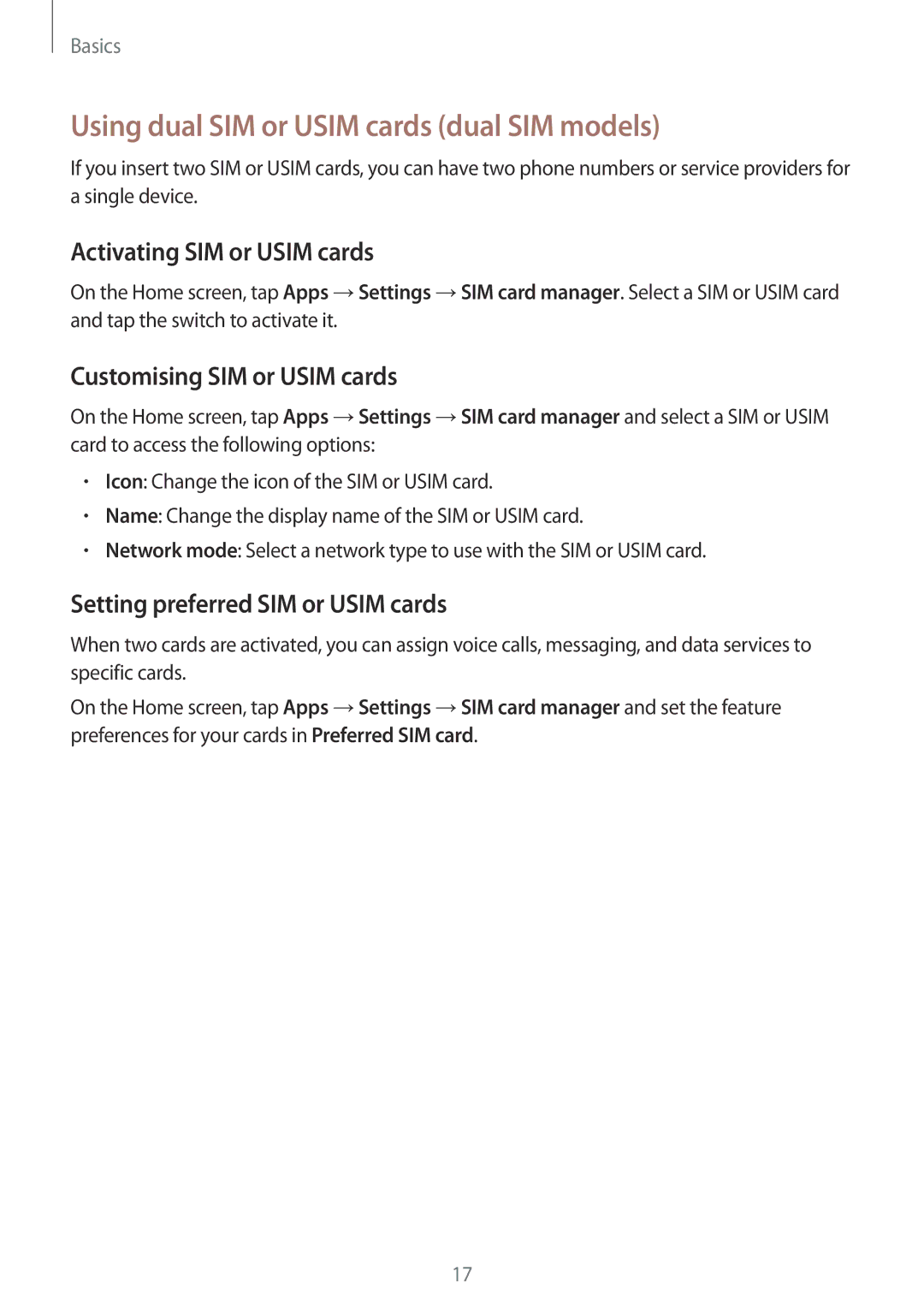 Samsung SM-J510FZKNVGR, SM-J510FZKNOPT manual Using dual SIM or Usim cards dual SIM models, Activating SIM or Usim cards 