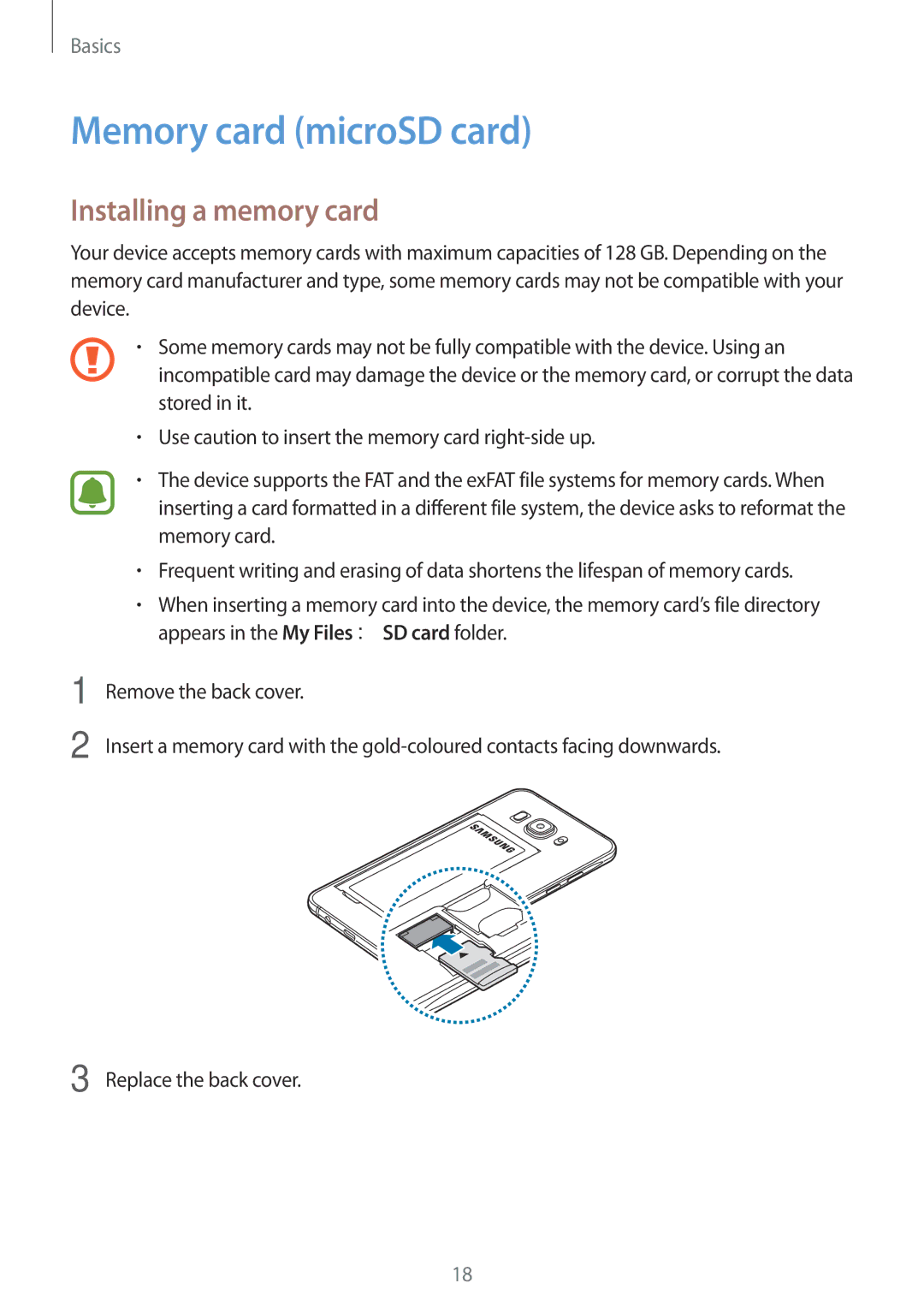 Samsung SM-J510FZDNTCL, SM-J510FZKNOPT, SM-J510FZDNMEO, SM-J510FZDNATO Memory card microSD card, Installing a memory card 