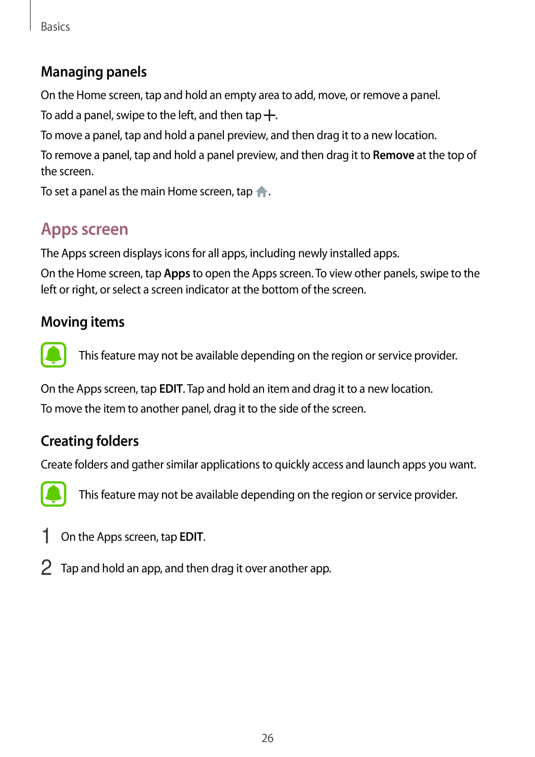 Samsung SM-J510FZDNCOS, SM-J510FZKNOPT, SM-J510FZDNMEO, SM-J510FZDNATO, SM-J510FZDNEUR manual Apps screen, Managing panels 