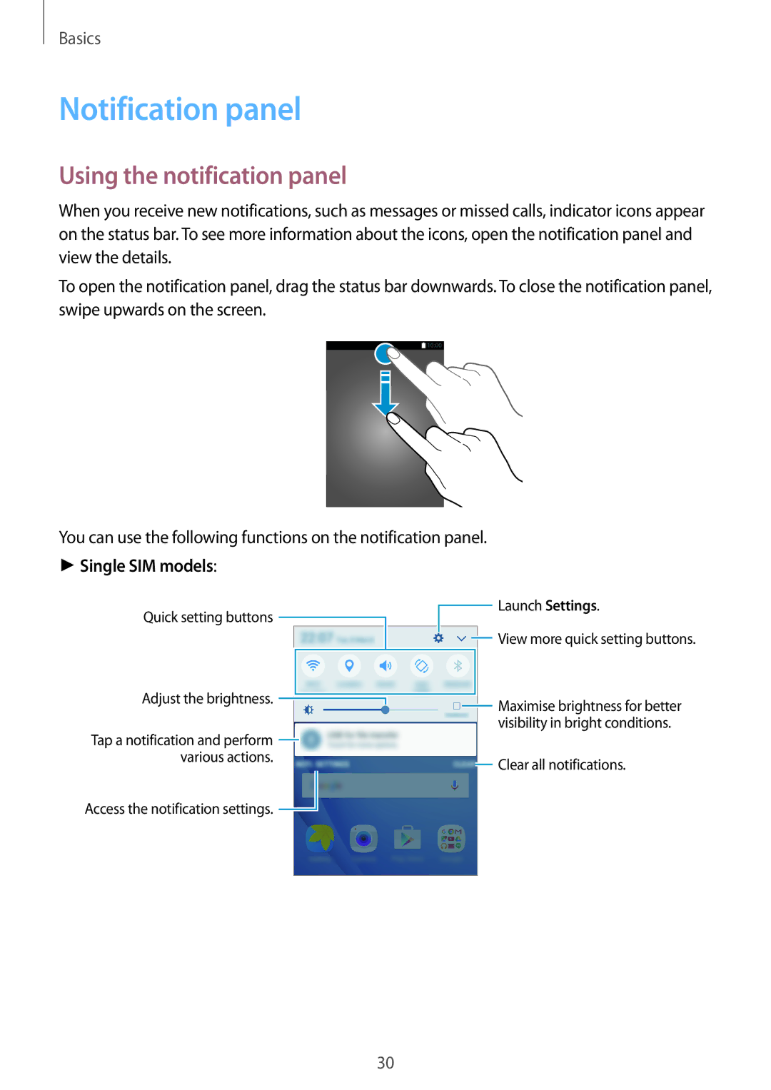 Samsung SM-J510FZWNITV, SM-J510FZKNOPT, SM-J510FZDNMEO Notification panel, Using the notification panel, Single SIM models 