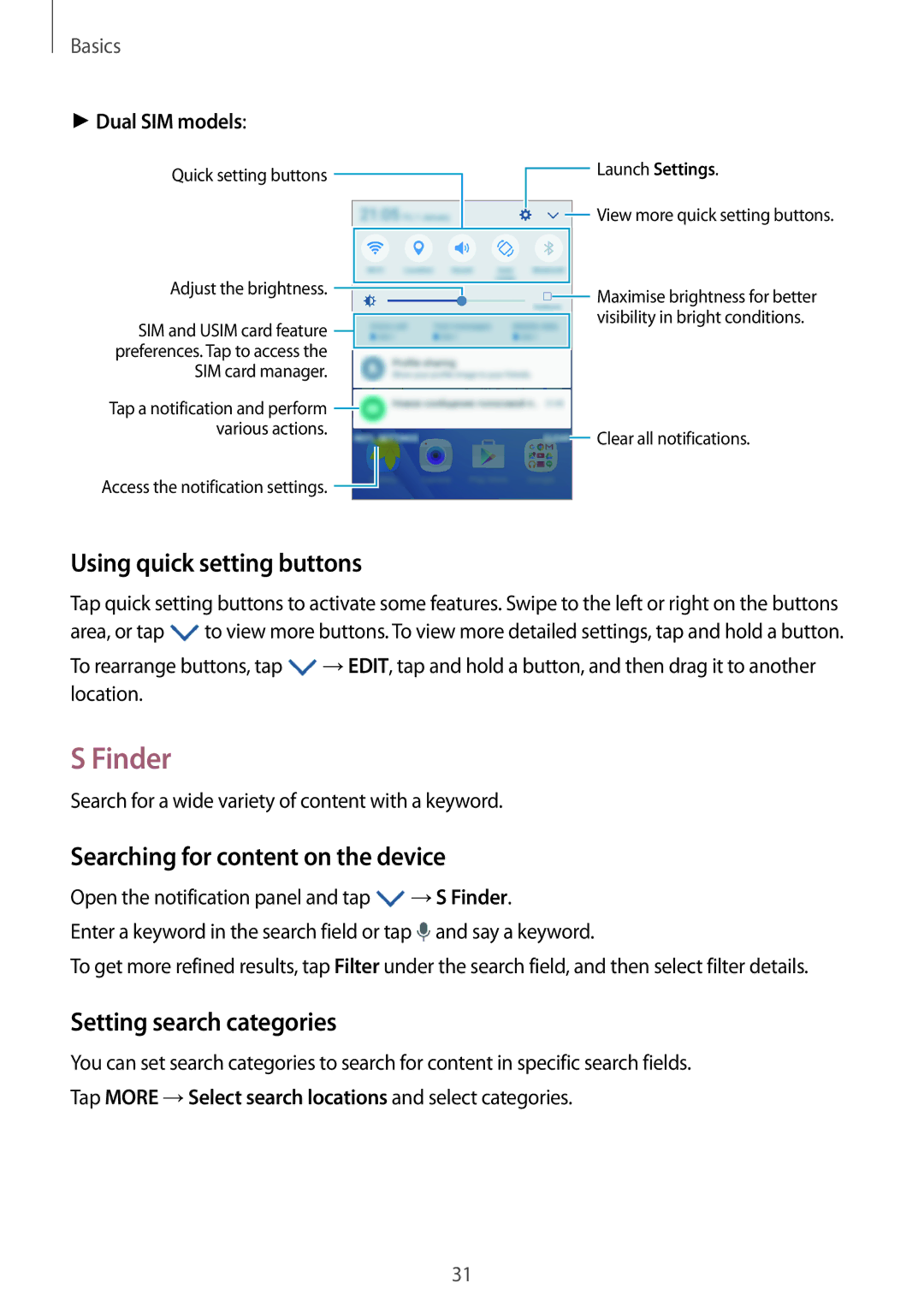 Samsung SM-J510FZWUITV Finder, Using quick setting buttons, Searching for content on the device, Setting search categories 