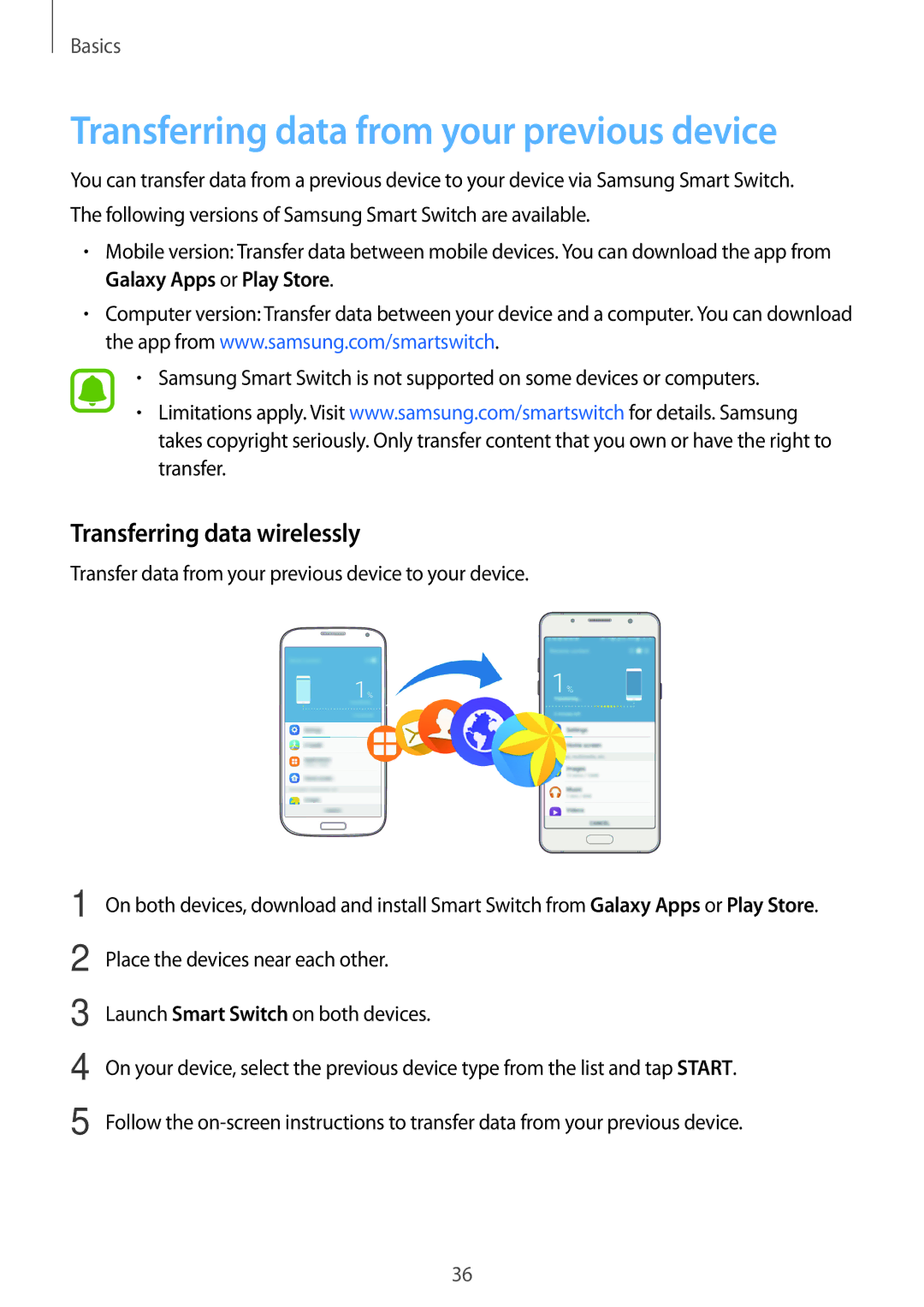 Samsung SM-J510FZDNPHE, SM-J510FZKNOPT manual Transferring data from your previous device, Transferring data wirelessly 