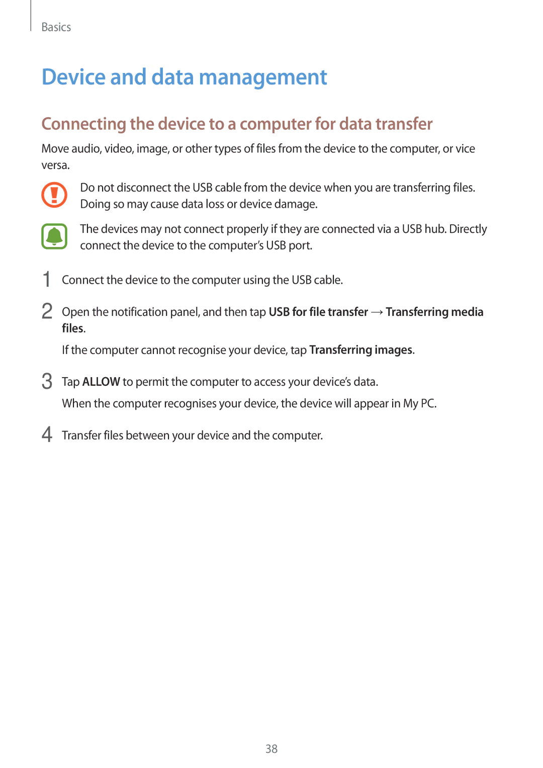 Samsung SM-J510FZDUPHE manual Device and data management, Connecting the device to a computer for data transfer, Files 