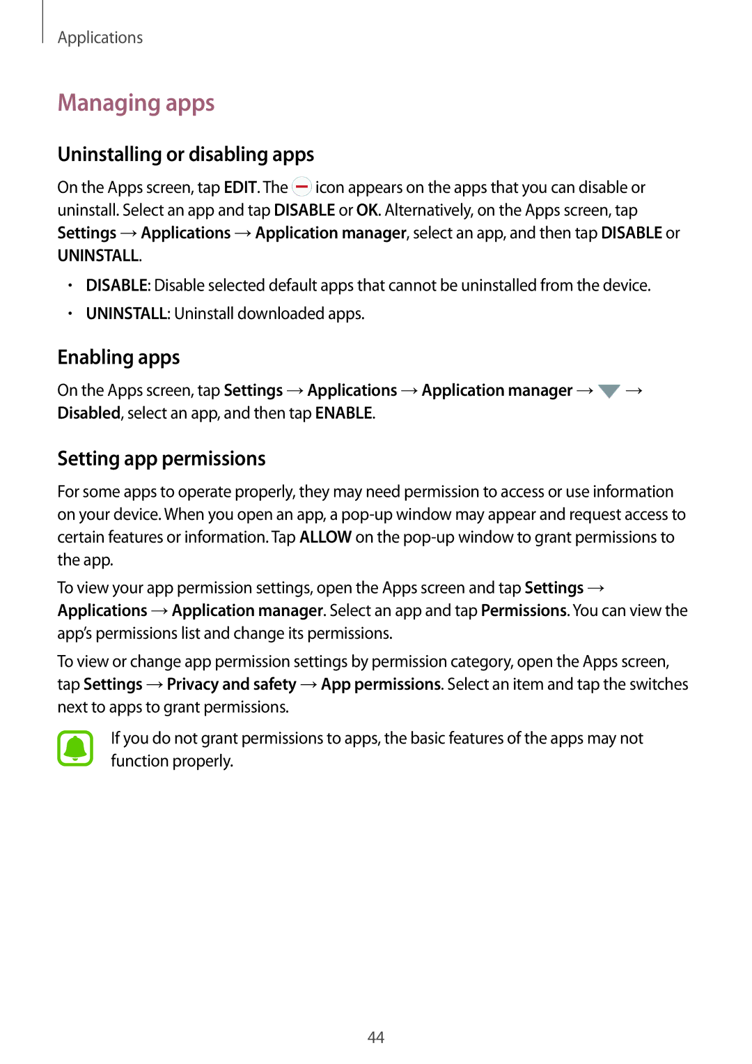 Samsung SM-J510FZDUXXV manual Managing apps, Uninstalling or disabling apps, Enabling apps, Setting app permissions 