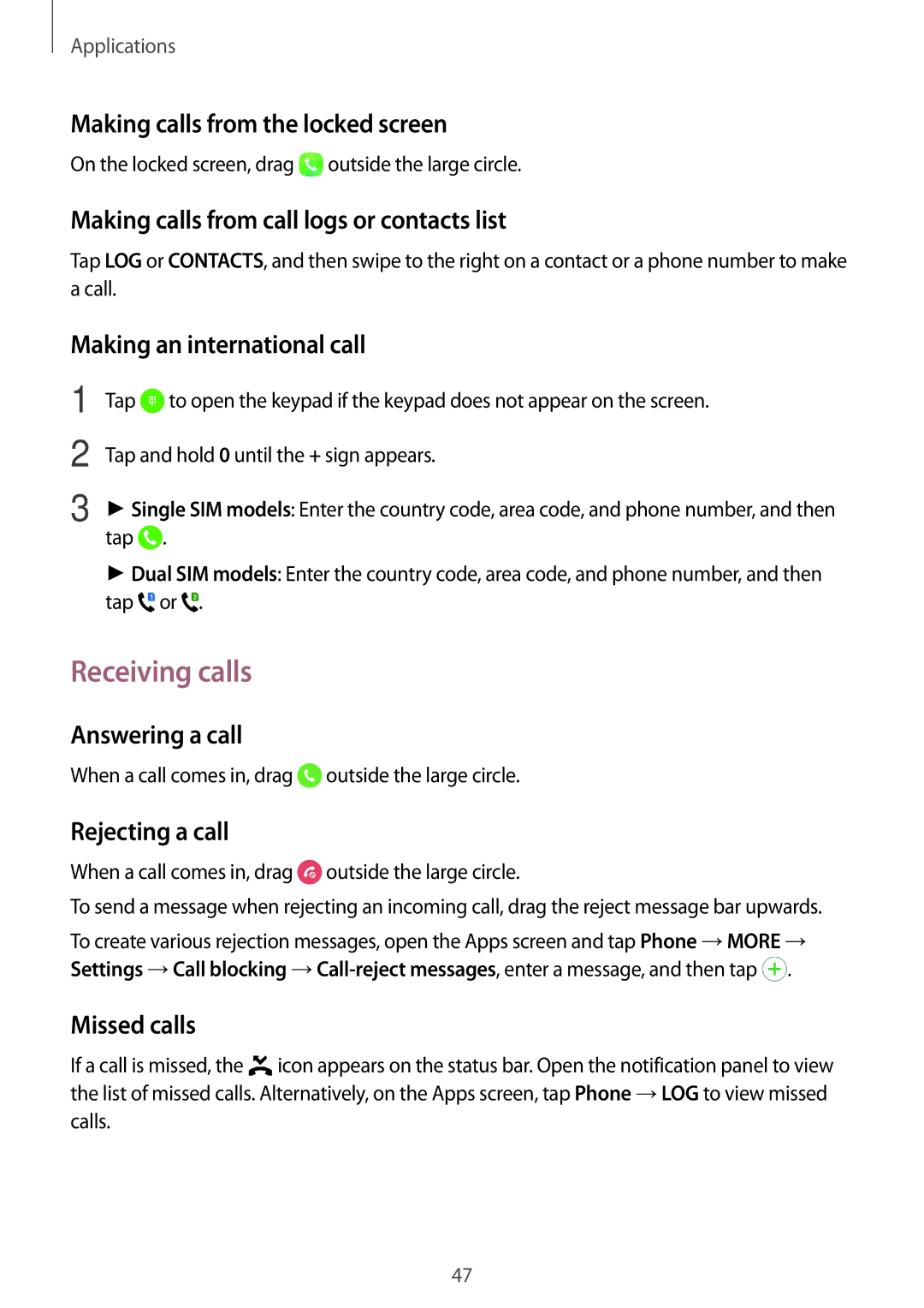 Samsung SM-J510FZDNBGL, SM-J510FZKNOPT, SM-J510FZDNMEO, SM-J510FZDNATO, SM-J510FZDNEUR, SM-J510FZDNVGR manual Receiving calls 