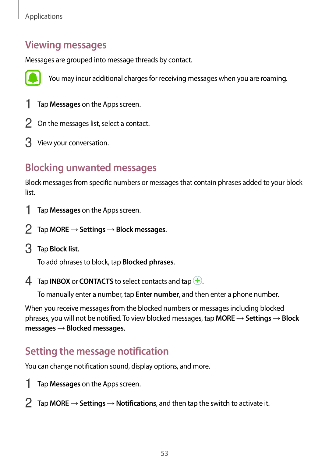 Samsung SM-J510FZWNVDH, SM-J510FZKNOPT manual Viewing messages, Blocking unwanted messages, Setting the message notification 