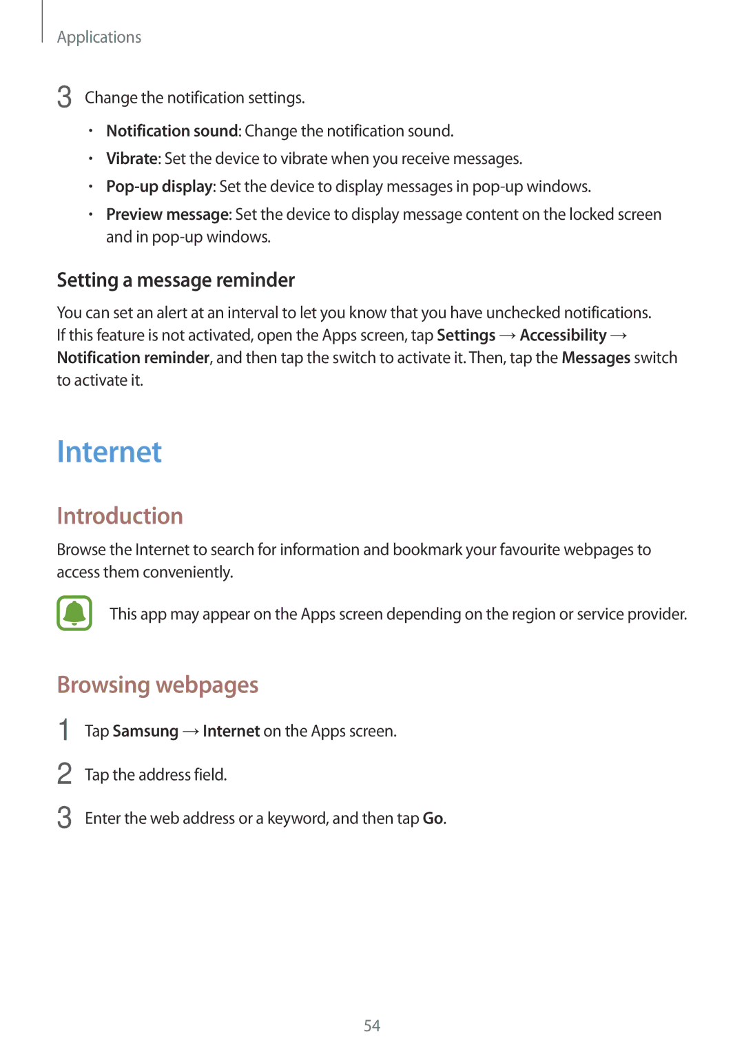 Samsung SM-J510FZWNTMH, SM-J510FZKNOPT, SM-J510FZDNMEO manual Internet, Browsing webpages, Setting a message reminder 