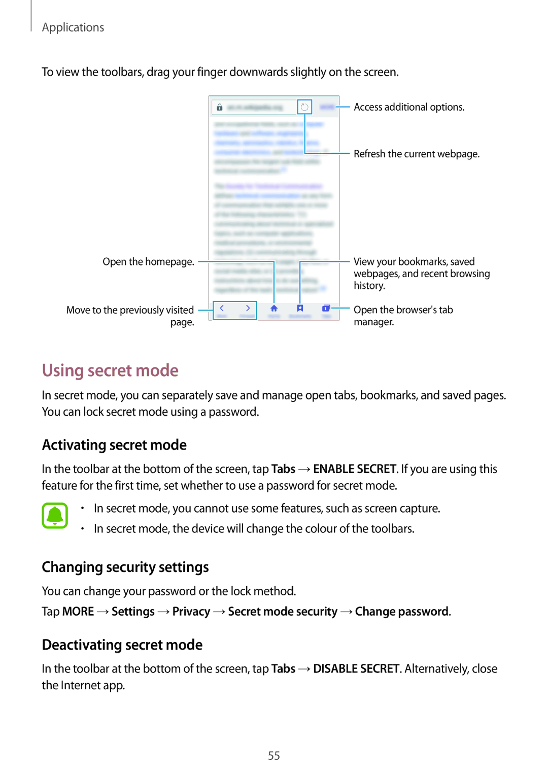 Samsung SM-J510FZWNO2C Using secret mode, Activating secret mode, Changing security settings, Deactivating secret mode 