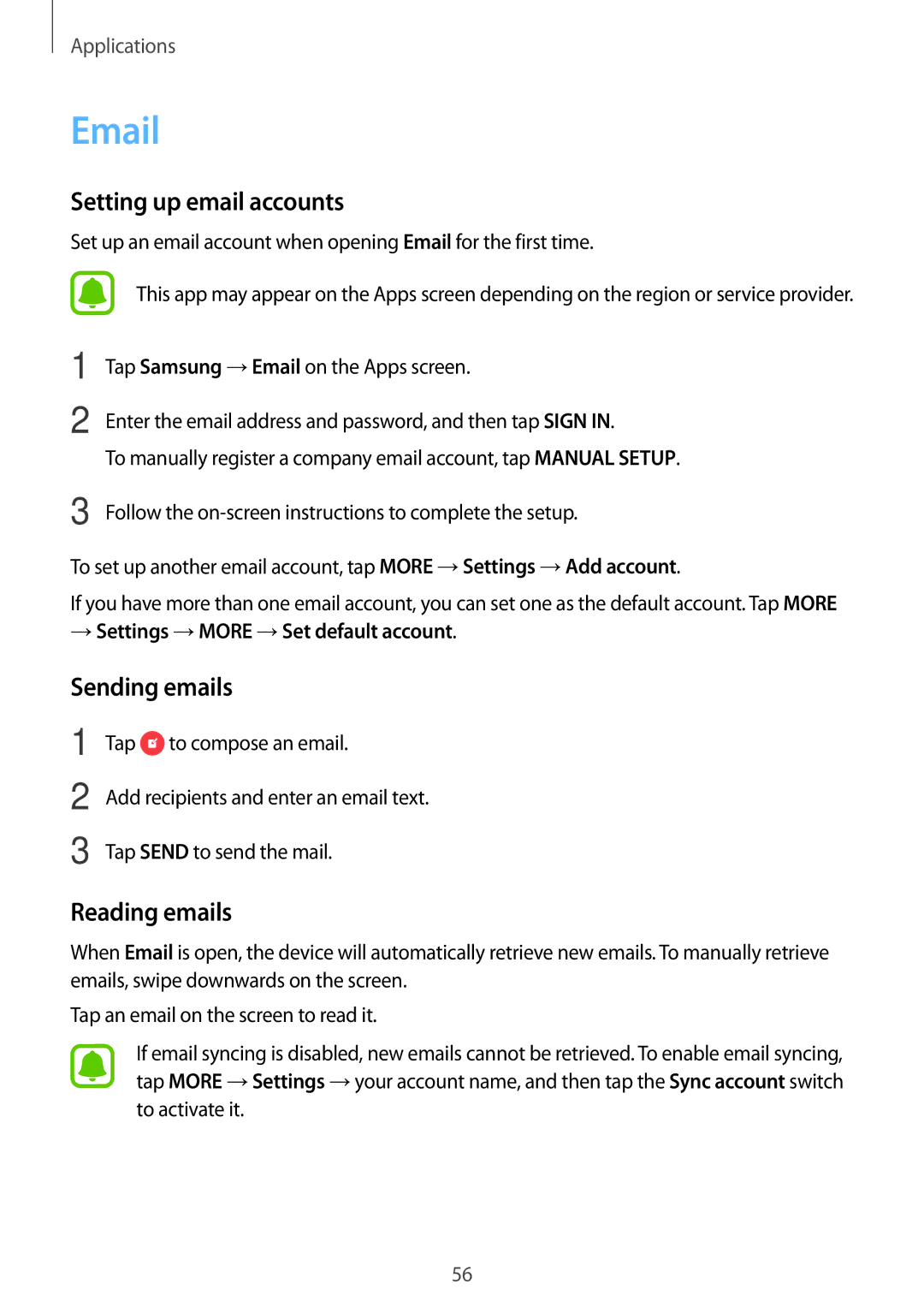 Samsung SM-J510FZKNPAN Setting up email accounts, Sending emails, Reading emails, → Settings →MORE →Set default account 