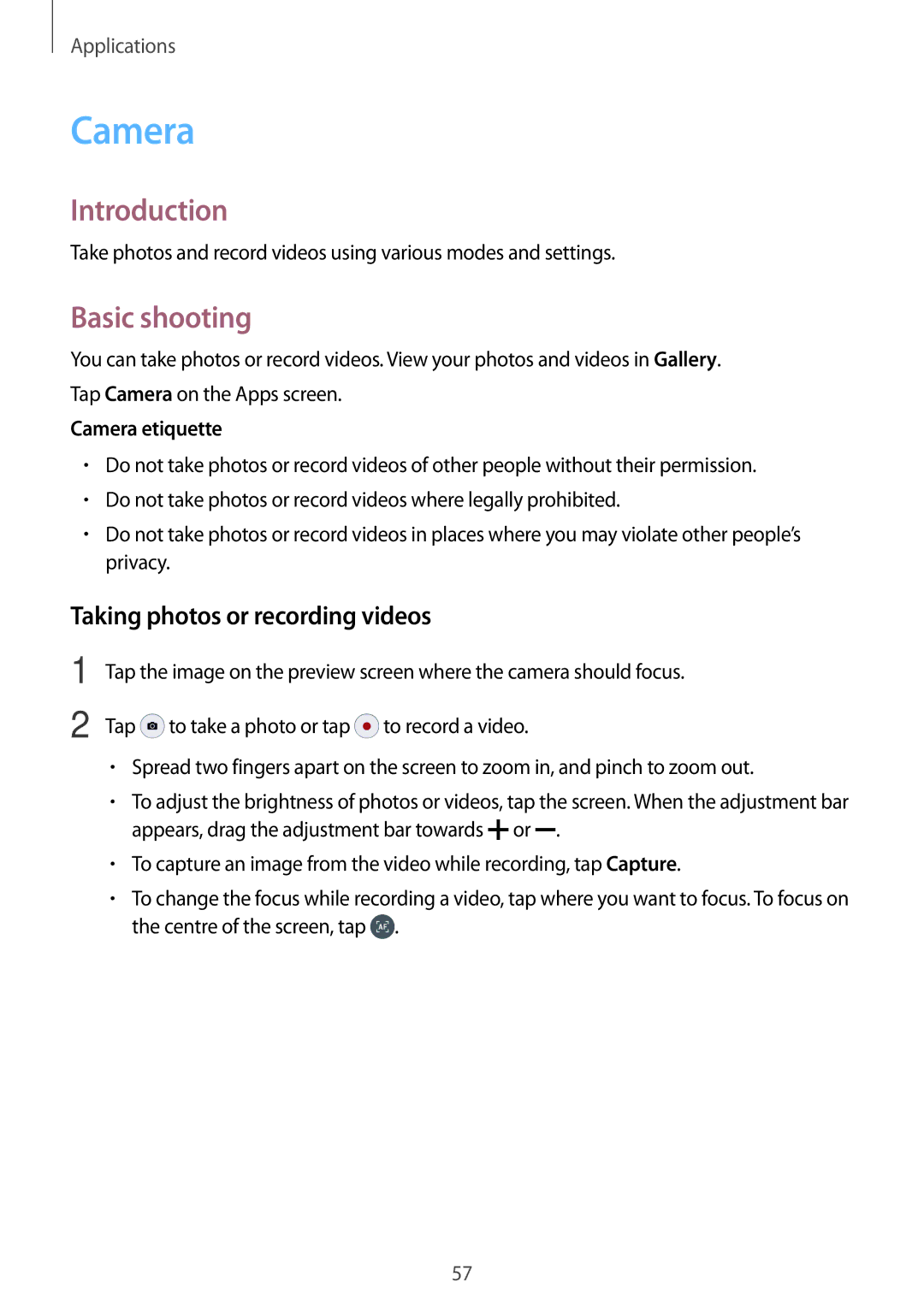 Samsung SM-J510FZDNTMZ, SM-J510FZKNOPT manual Basic shooting, Taking photos or recording videos, Camera etiquette 