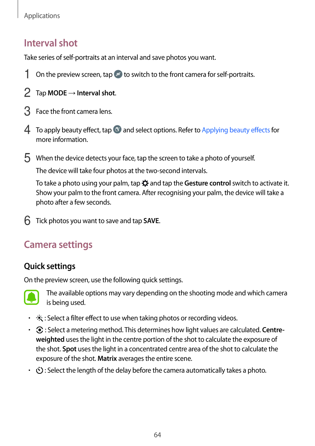 Samsung SM-J510FZKNPLS, SM-J510FZKNOPT, SM-J510FZDNMEO manual Camera settings, Quick settings, Tap Mode →Interval shot 