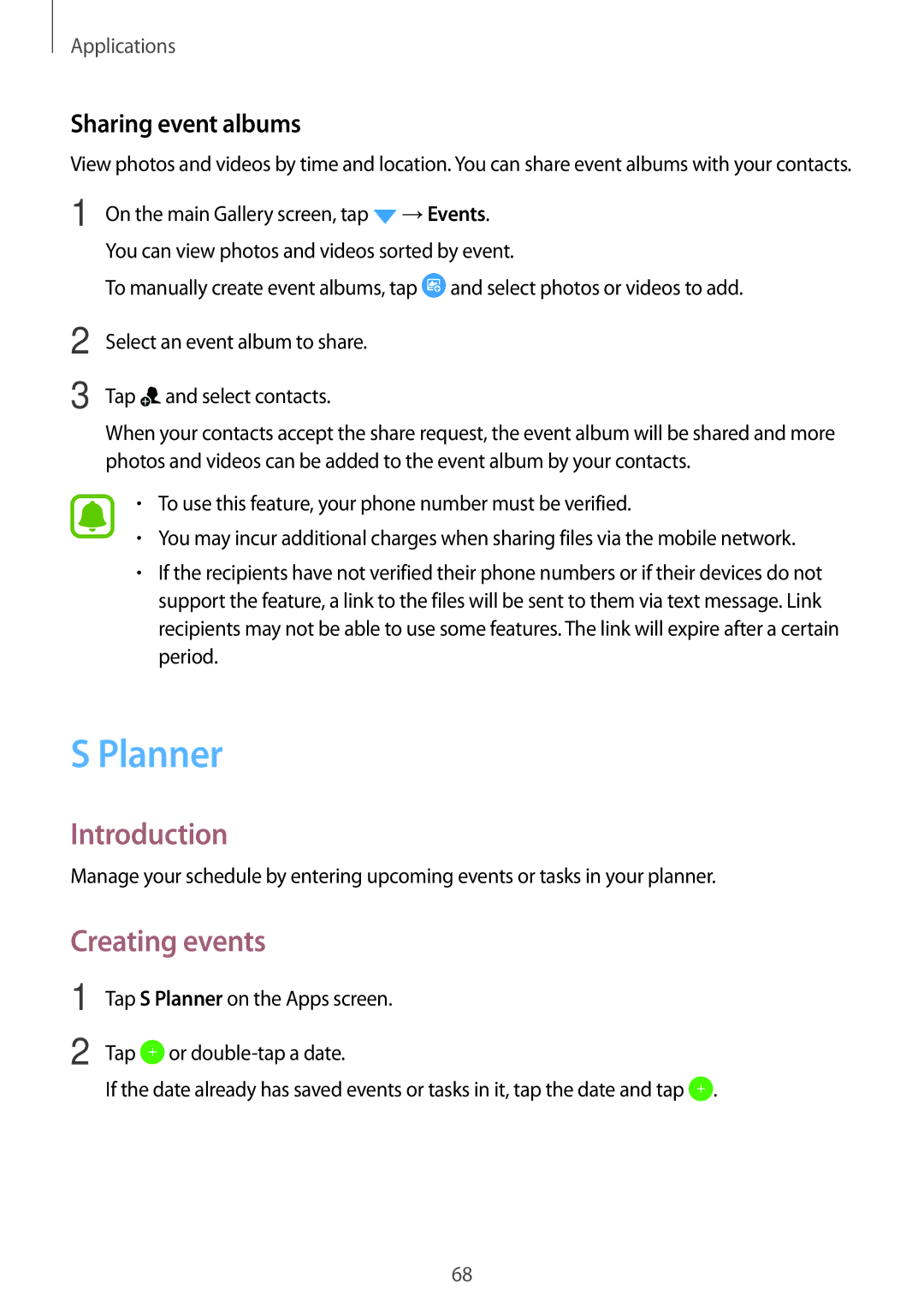 Samsung SM2J510FZWNO2C, SM-J510FZKNOPT, SM-J510FZDNMEO, SM-J510FZDNATO manual Planner, Creating events, Sharing event albums 