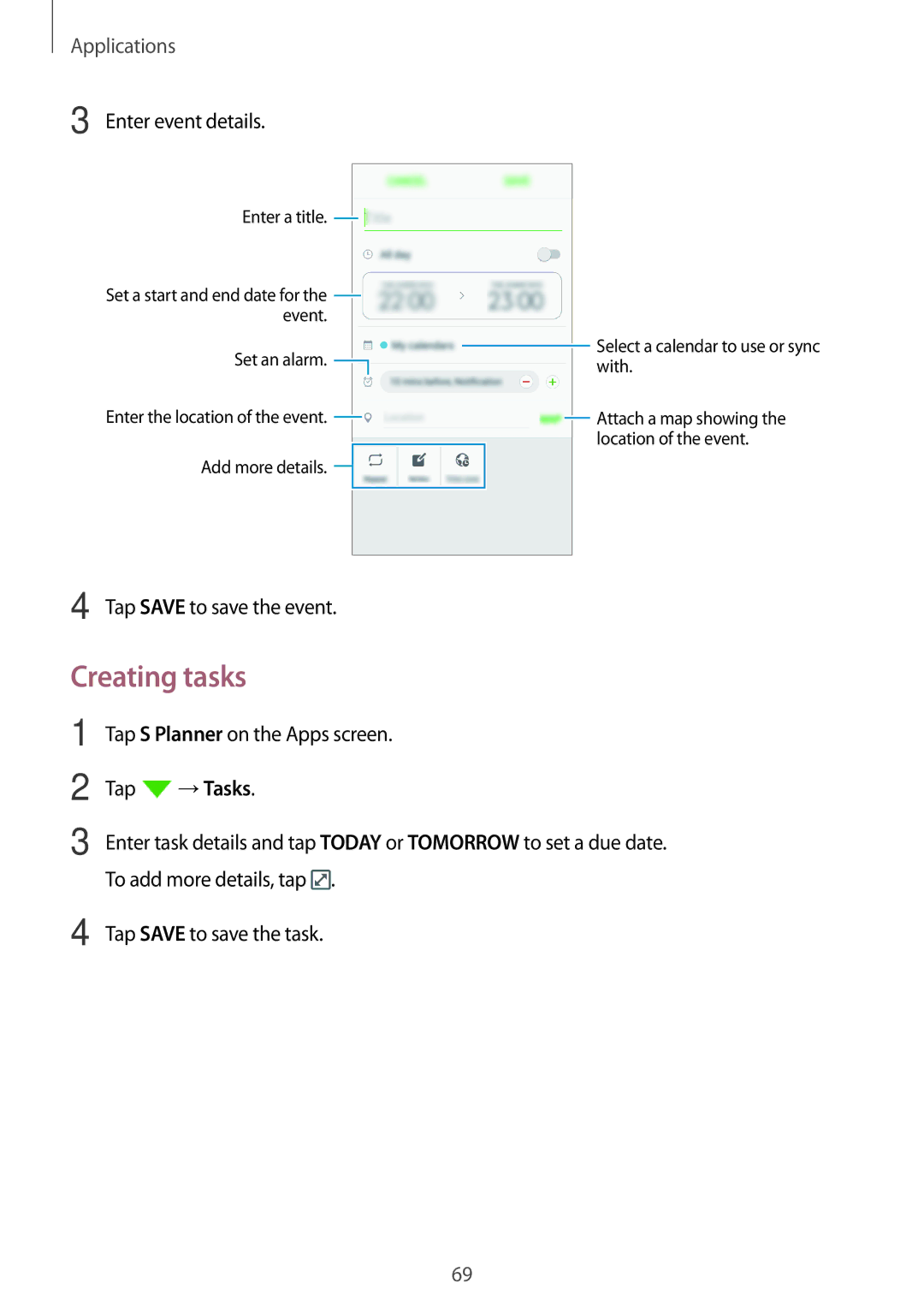 Samsung SM2J510FZKNPAN, SM-J510FZKNOPT, SM-J510FZDNMEO, SM-J510FZDNATO, SM-J510FZDNEUR Creating tasks, Enter event details 