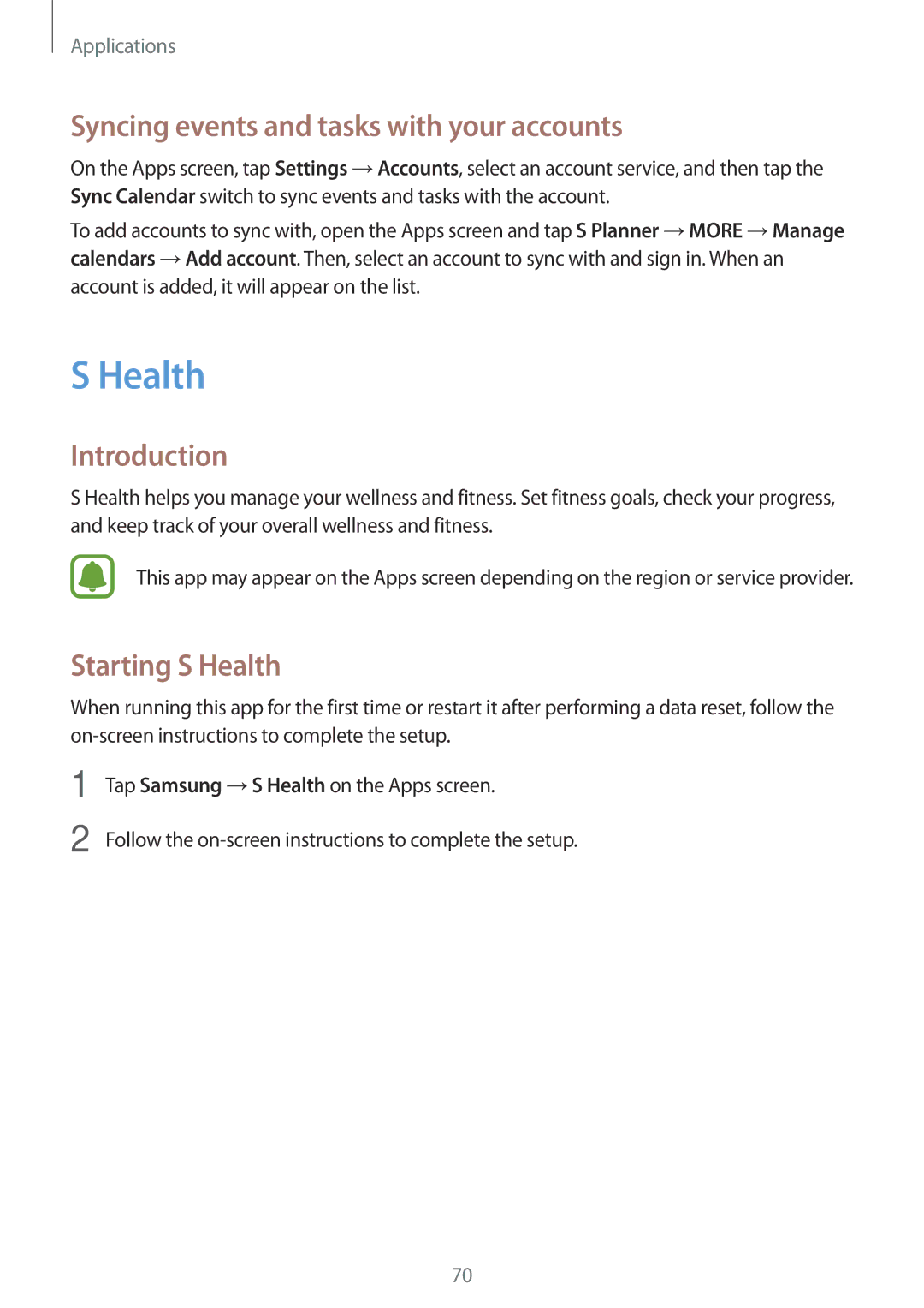 Samsung SM2J510FZDNPAN, SM-J510FZKNOPT, SM-J510FZDNMEO Syncing events and tasks with your accounts, Starting S Health 