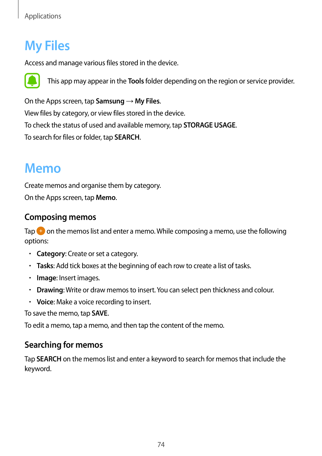 Samsung SM-J510FZWNPLS, SM-J510FZKNOPT, SM-J510FZDNMEO, SM-J510FZDNATO My Files, Memo, Composing memos, Searching for memos 