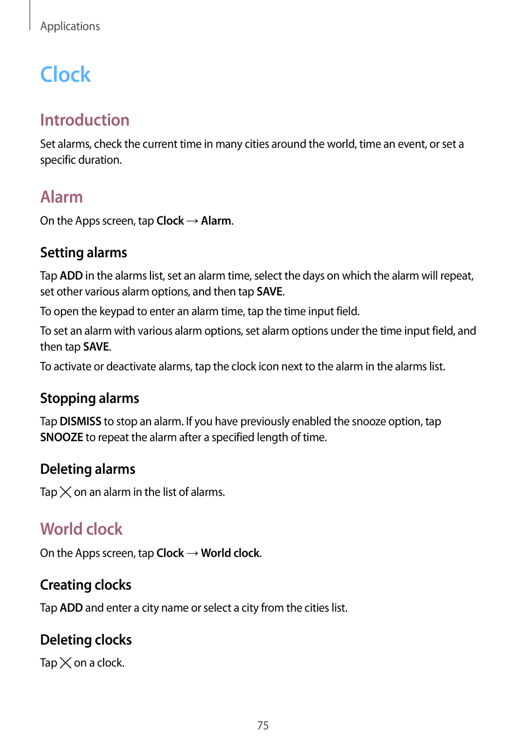 Samsung SM-J510FZKNO2C, SM-J510FZKNOPT, SM-J510FZDNMEO, SM-J510FZDNATO, SM-J510FZDNEUR manual Clock, Alarm, World clock 