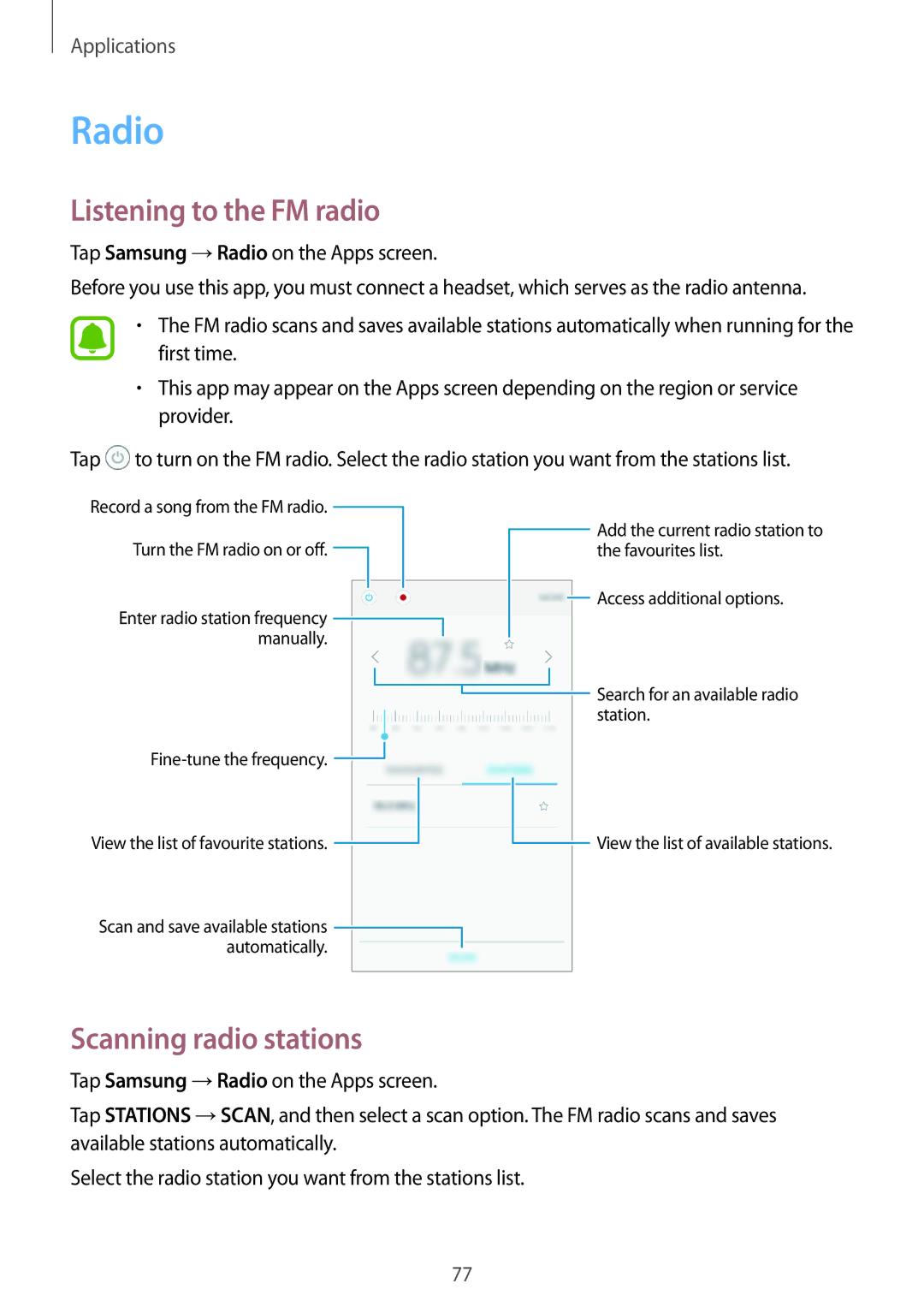 Samsung SM-J510FZDNTMH, SM-J510FZKNOPT, SM-J510FZDNMEO manual Radio, Listening to the FM radio, Scanning radio stations 