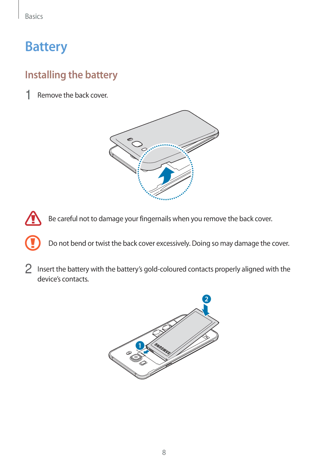 Samsung SM-J510FZDNOPT, SM-J510FZKNOPT, SM-J510FZDNMEO, SM-J510FZDNATO, SM-J510FZDNEUR manual Battery, Installing the battery 