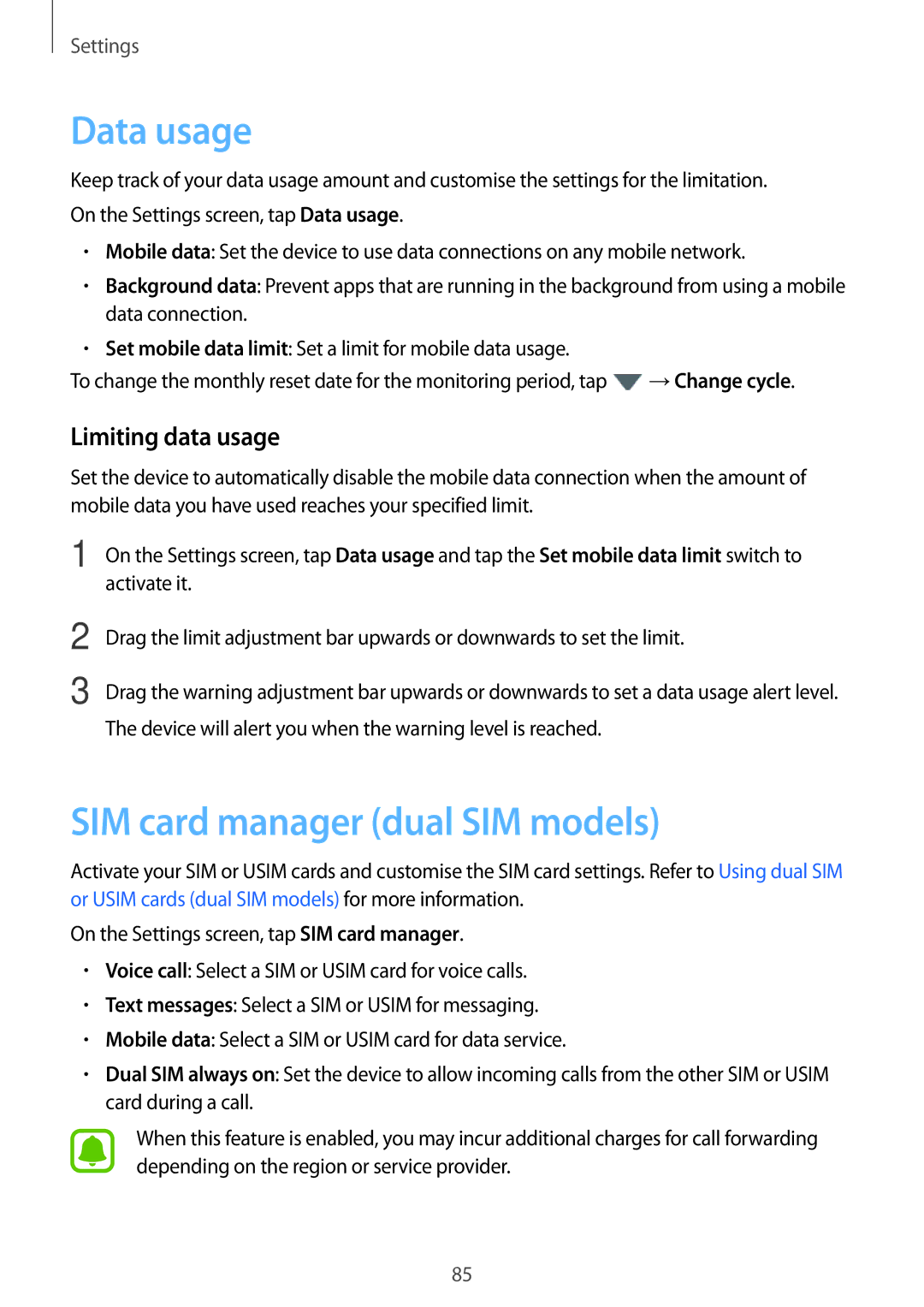 Samsung SM-J510FZDNNEE, SM-J510FZKNOPT, SM-J510FZDNMEO Data usage, SIM card manager dual SIM models, Limiting data usage 