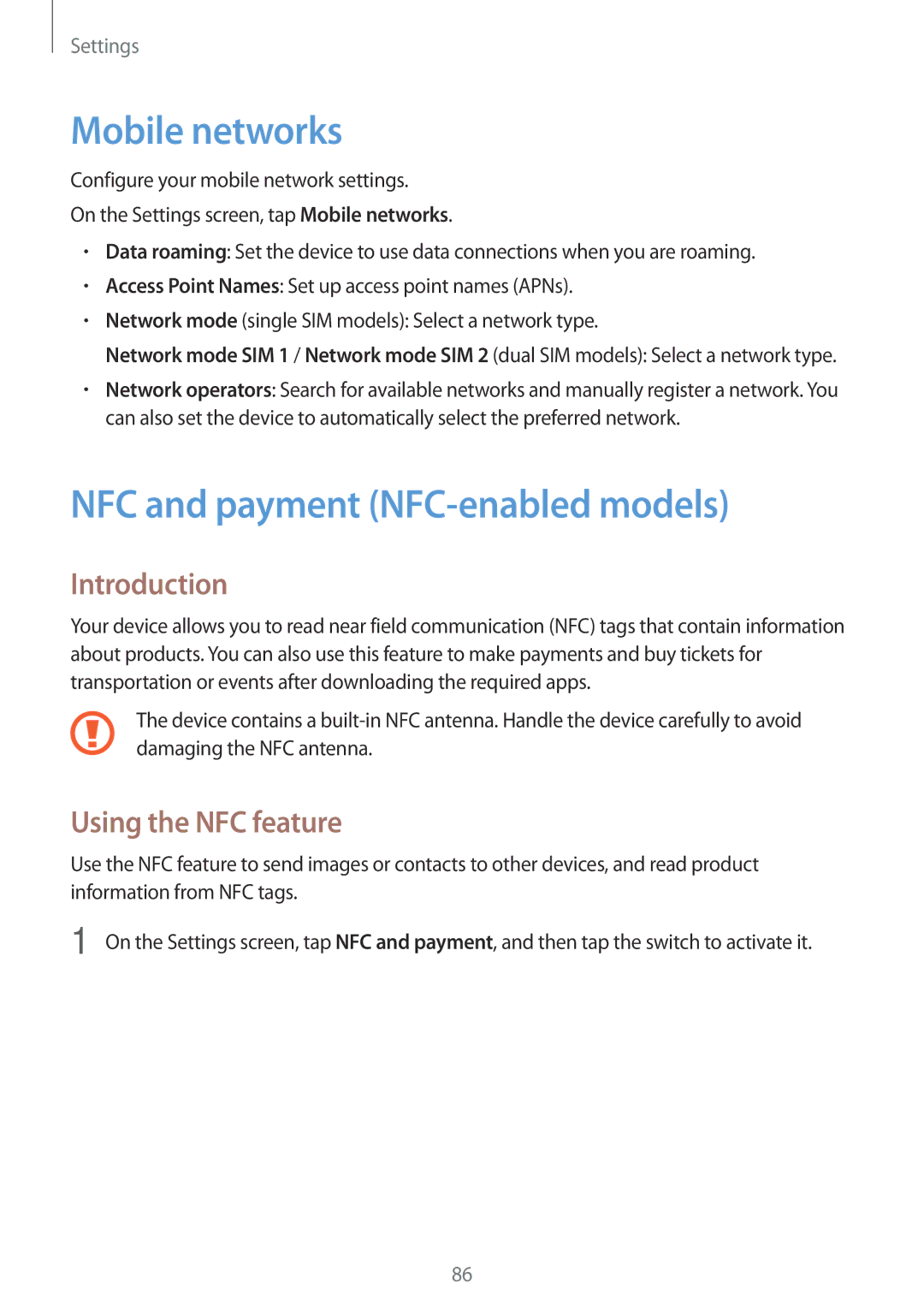 Samsung SM-J510FZKUSEB, SM-J510FZKNOPT manual Mobile networks, NFC and payment NFC-enabled models, Using the NFC feature 