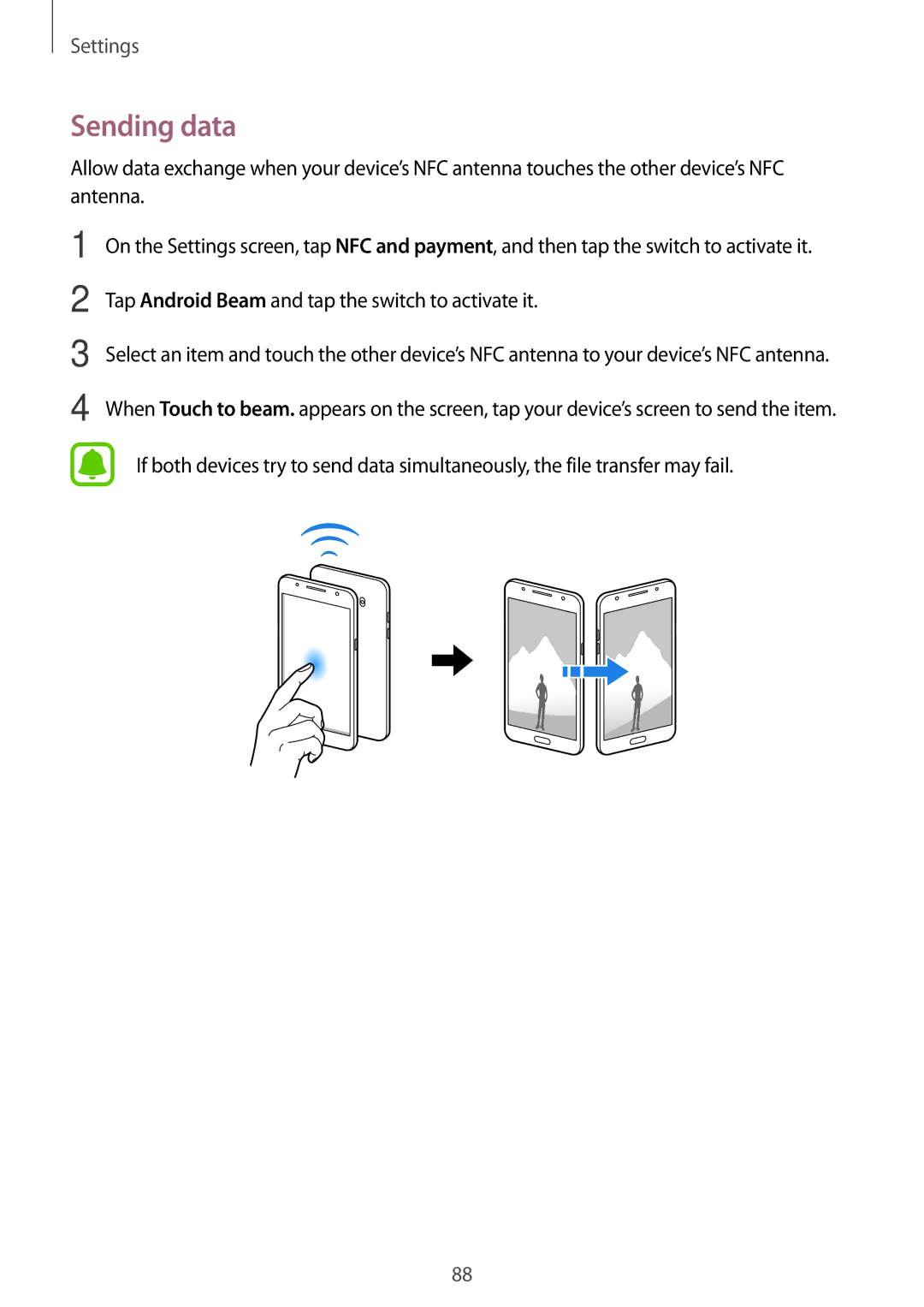 Samsung SM-J510FZWUEUR, SM-J510FZKNOPT, SM-J510FZDNMEO Sending data, Tap Android Beam and tap the switch to activate it 